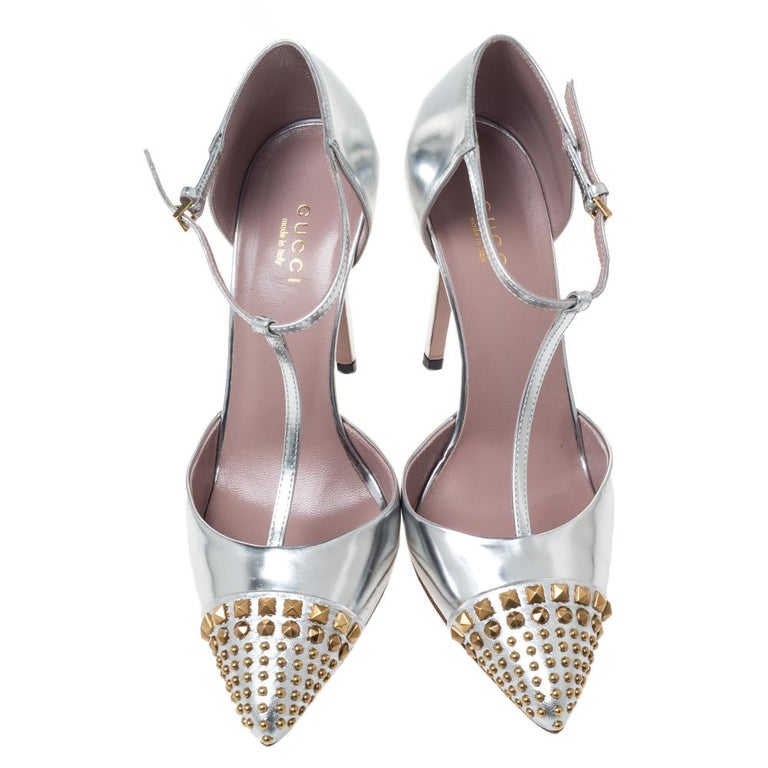 Gucci Silver Leather Studded Coline T Strap Pumps Size