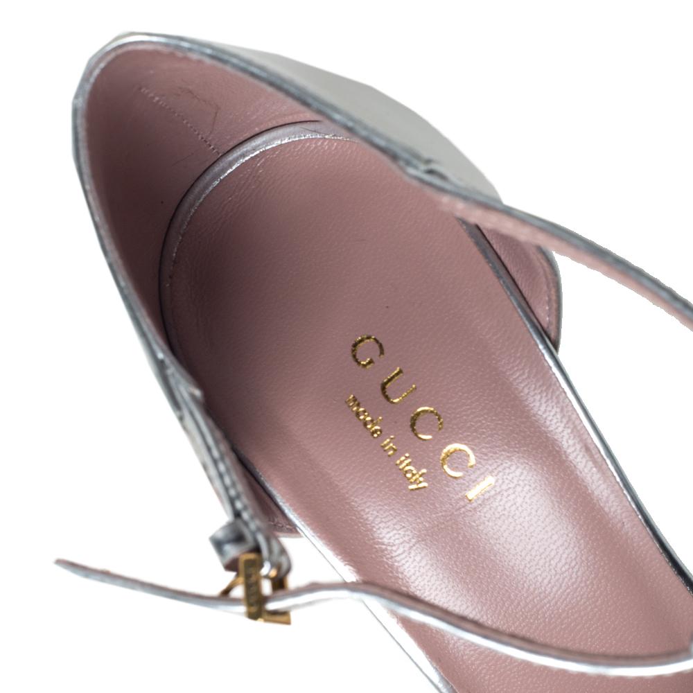 Women's Gucci Silver Leather Studded Coline T Strap Pumps Size 36.5