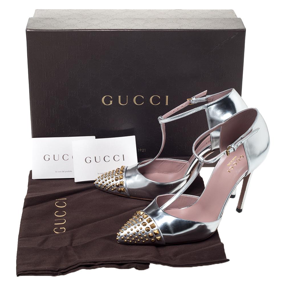 Gucci Silver Leather Studded Coline T Strap Pumps Size 36.5 2