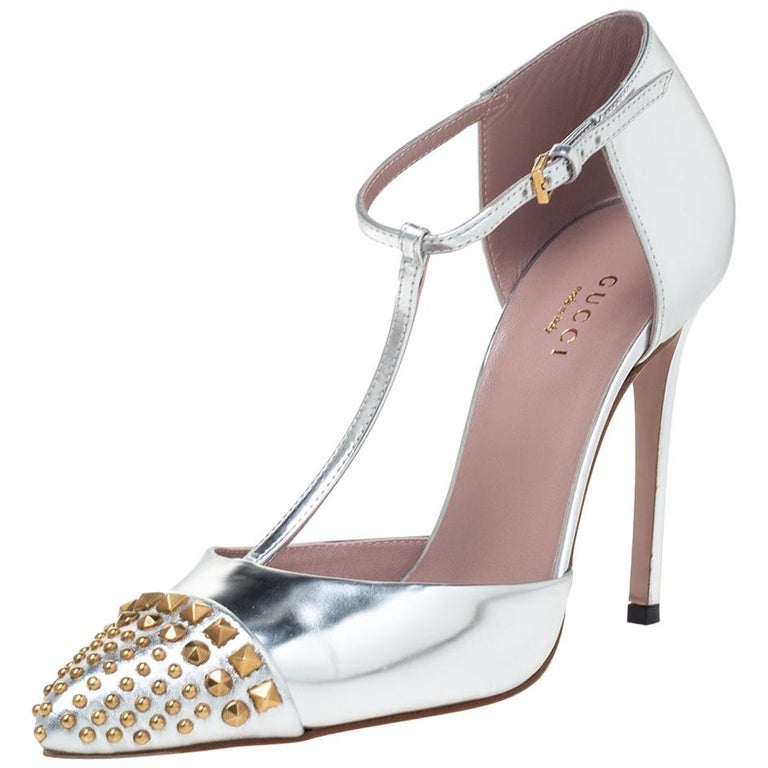 Gucci Silver Leather Studded Coline T Strap Pumps Size 36.5 at 1stDibs | gucci  silver heels, gucci silver pumps, silver leather pumps