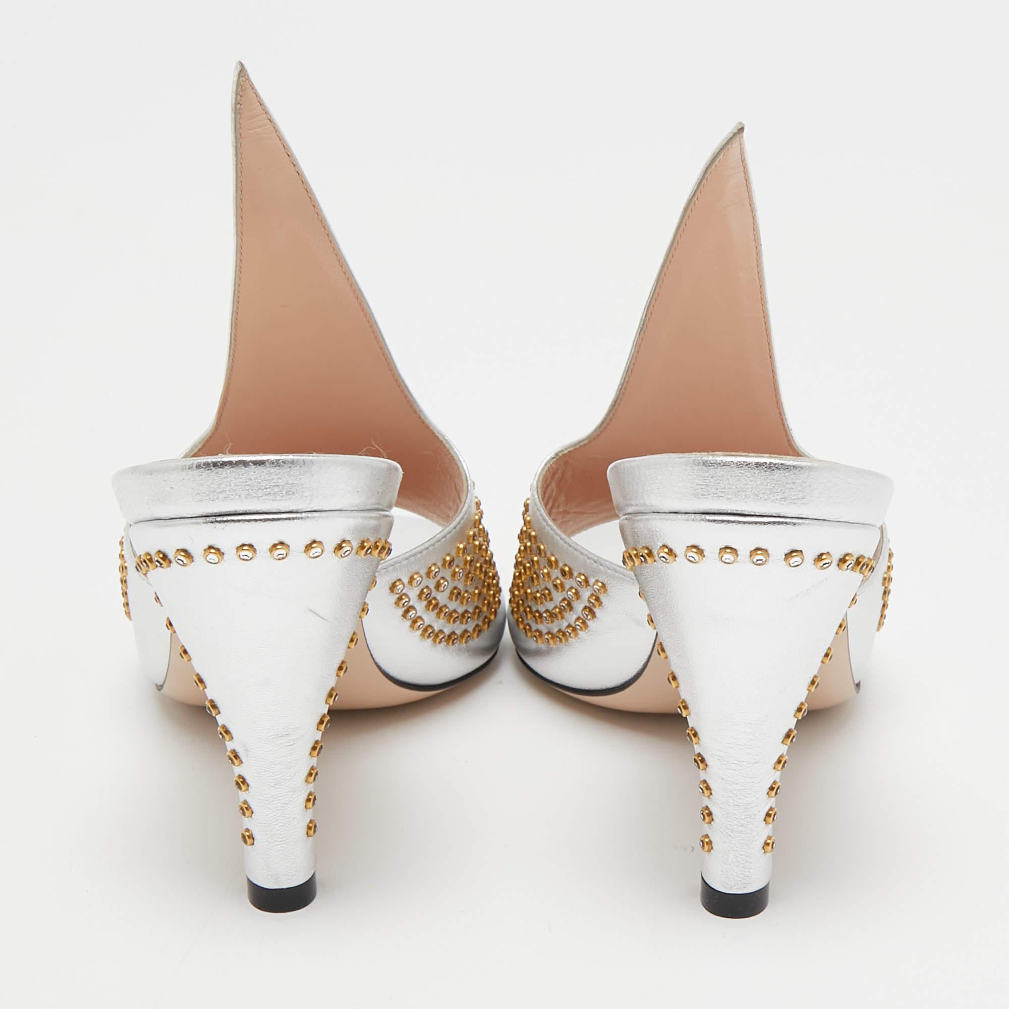 Beige Gucci Silver Leather Studded Cone Slide Sandals Size 36.5 For Sale
