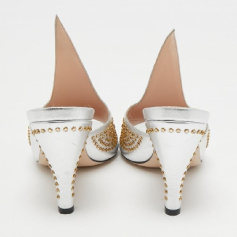Gucci Silver Leather Studded Cone Slide Sandals Size 36.5 en vente 4