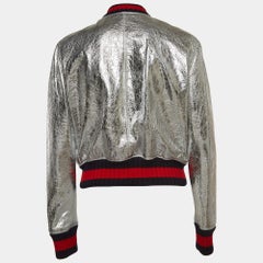 Gucci Silver Metallic Crinkle Leather Bomber Jacket L