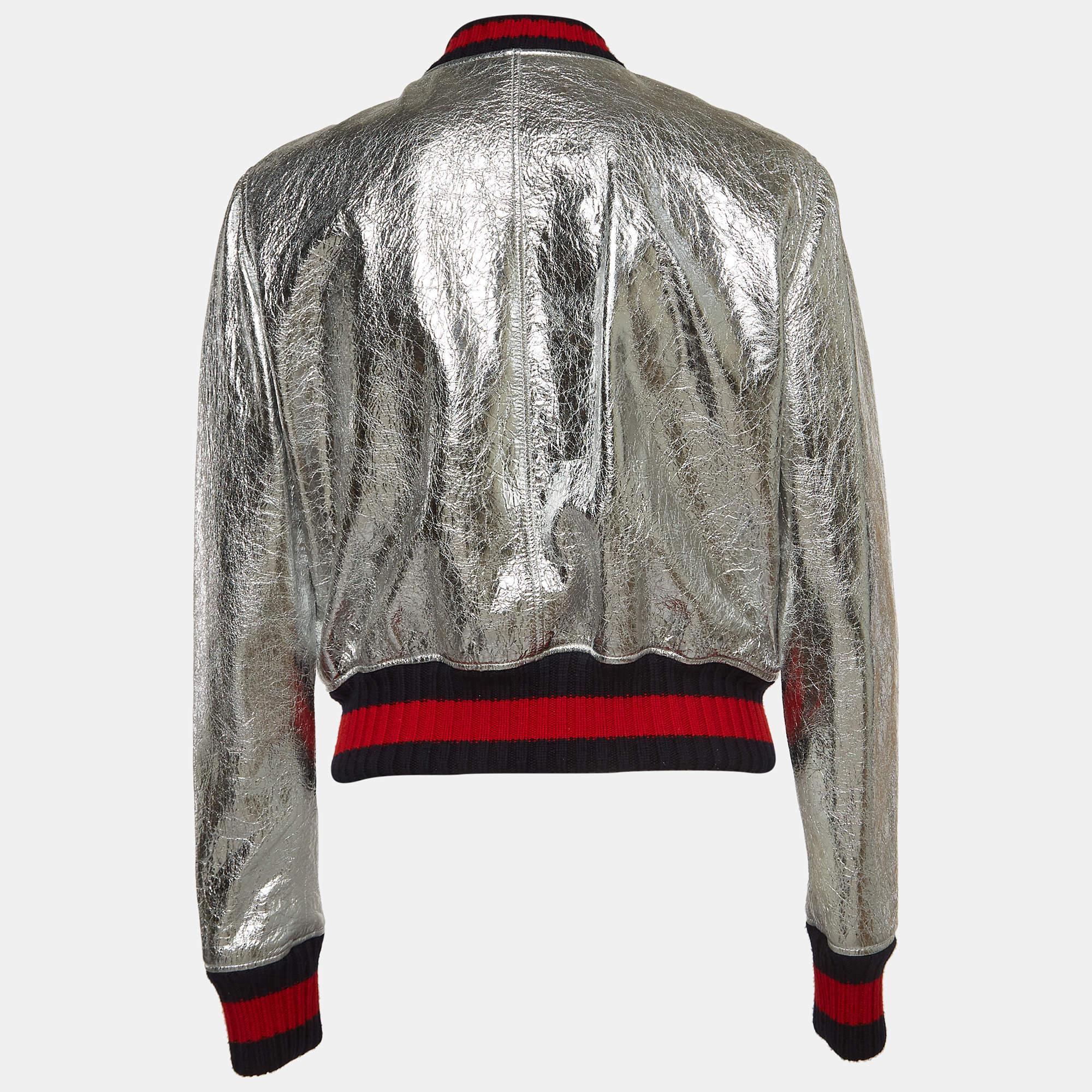 Women's Gucci Silver Metallic Crinkle Leather Bomber Jacket L For Sale