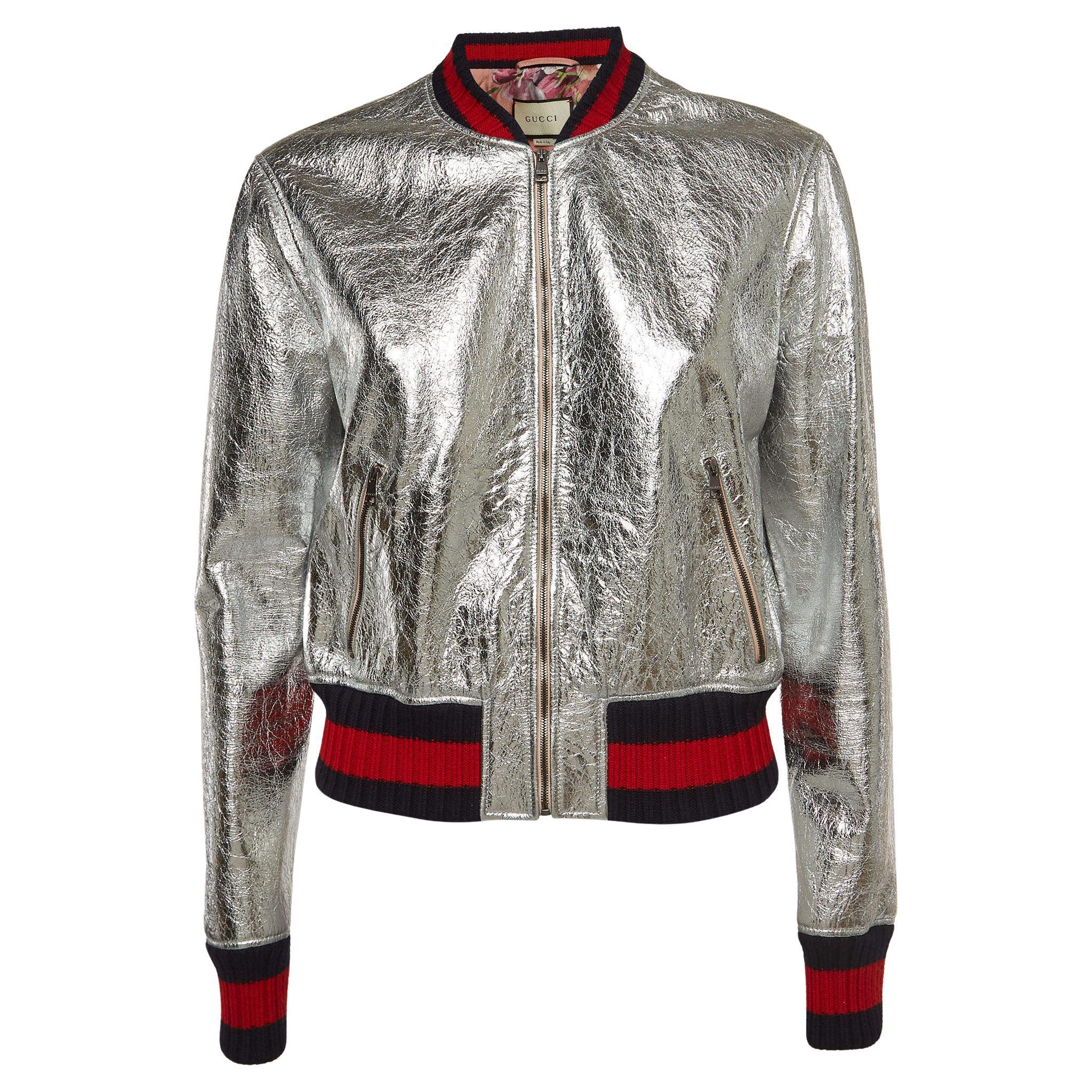 Gucci Silver Metallic Crinkle Leather Bomber Jacket L For Sale