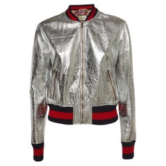 Gucci Silver Metallic Crinkle Leather Bomber Jacket L