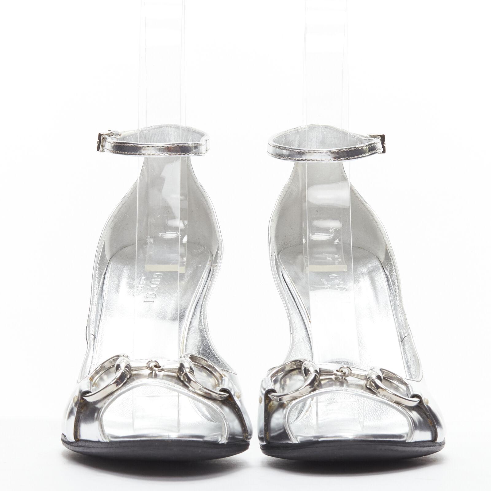 Women's GUCCI silver metallic horsebit buckle peep toe wedged sandals EU36.5