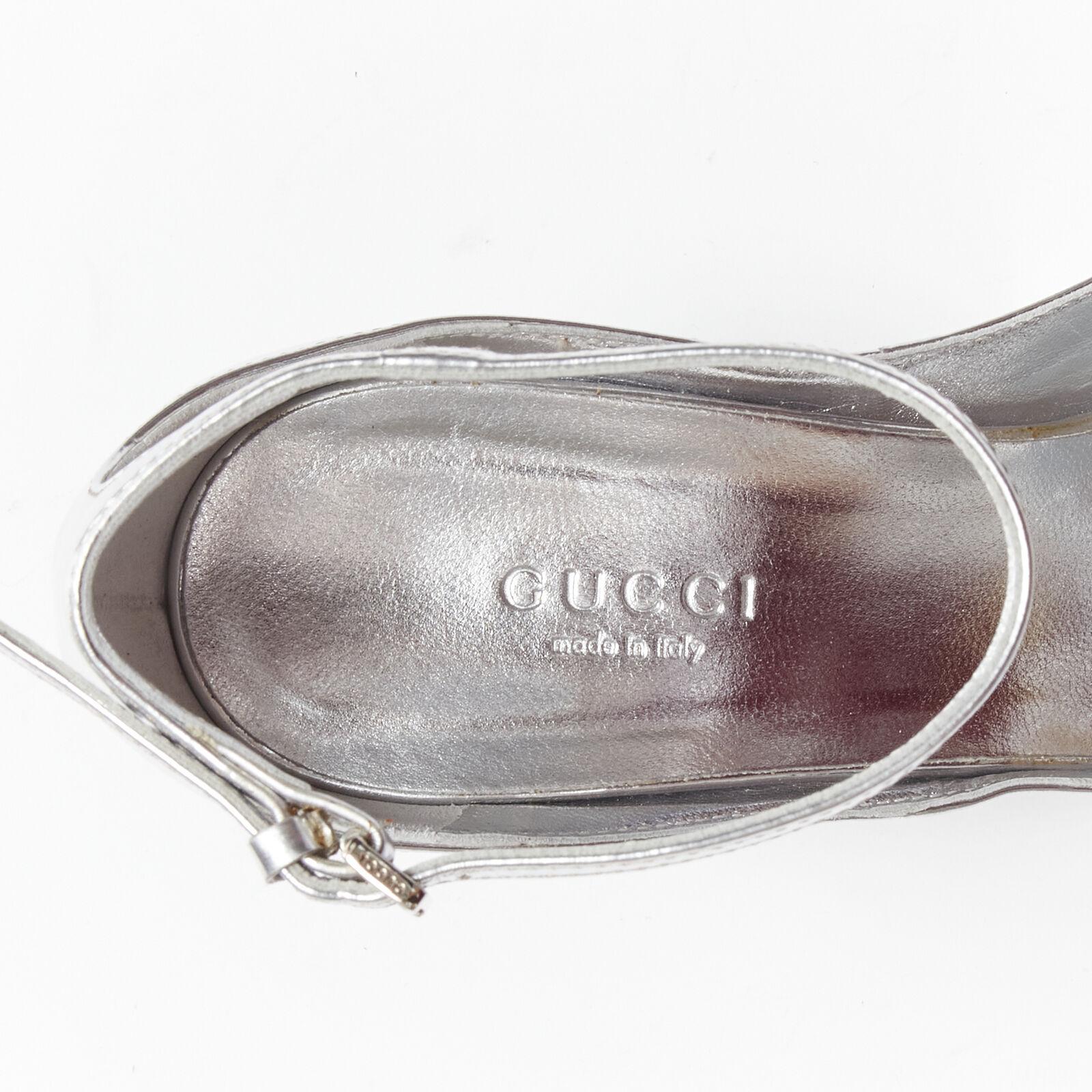GUCCI silver metallic horsebit buckle peep toe wedged sandals EU36.5 5