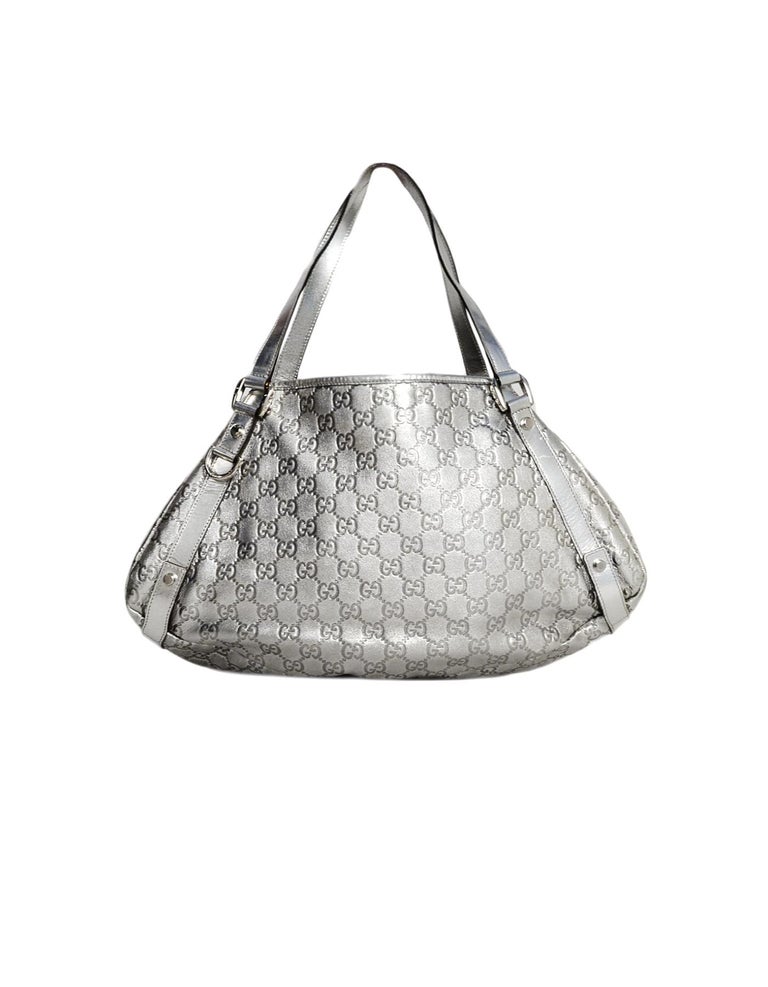 Gucci Silver Metallic Leather Embossed Monogram Abbey Tote Bag For Sale