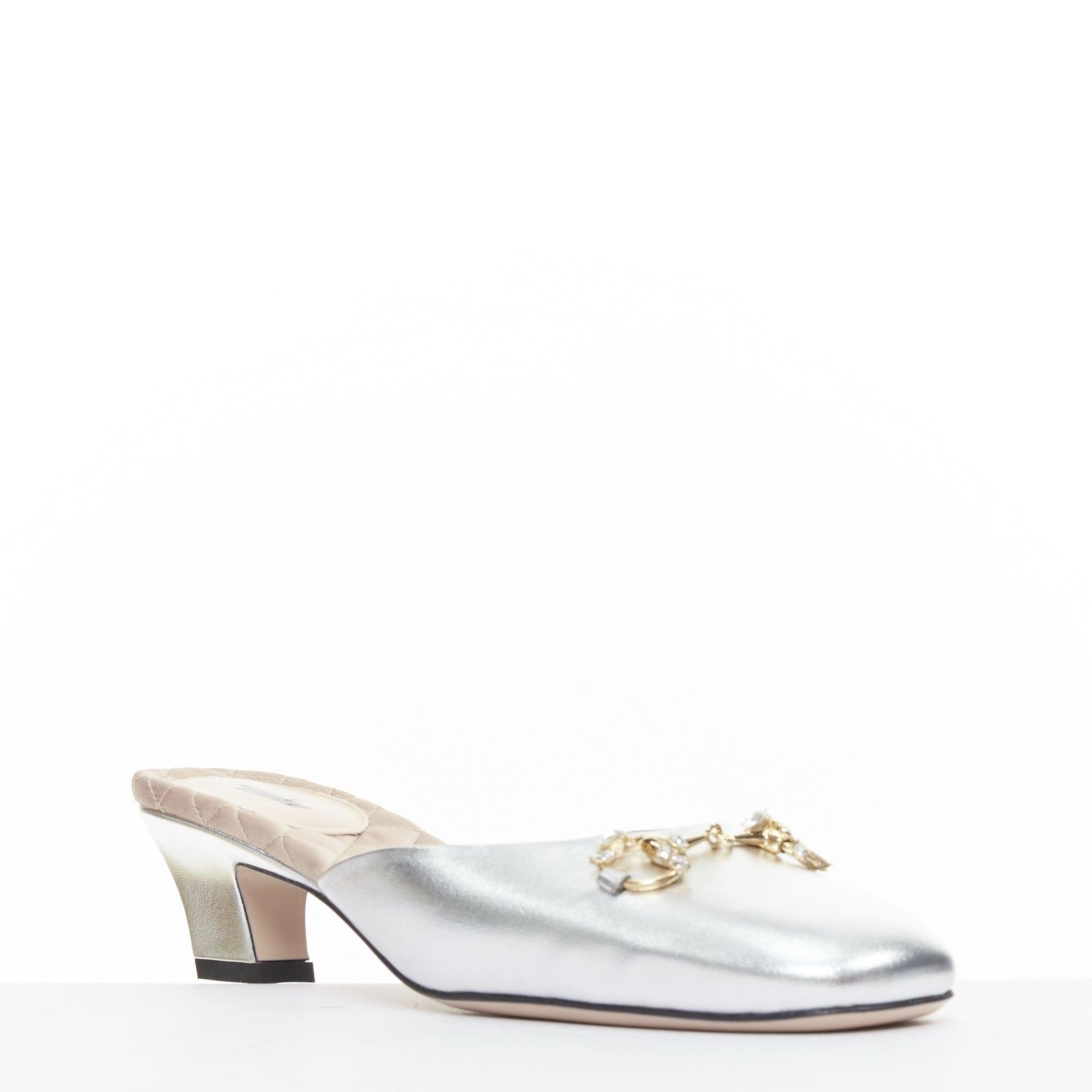 GUCCI plata cuero metálico oro cristal horsebit hebilla zapatilla tacones EU37 Gris en venta