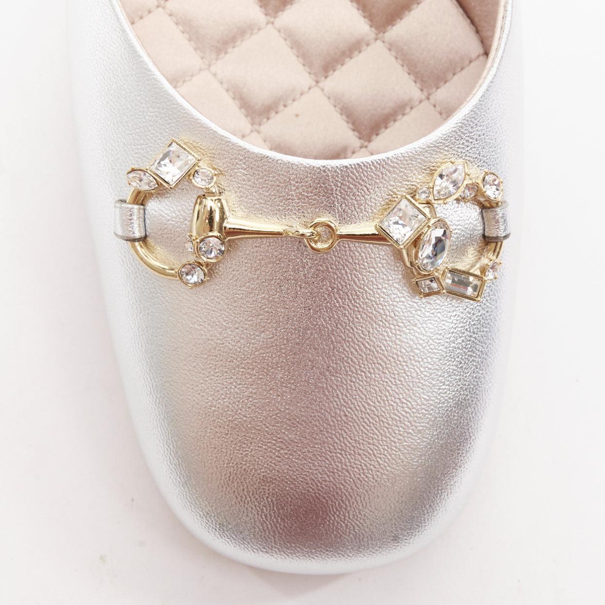 GUCCI plata cuero metálico oro cristal horsebit hebilla zapatilla tacones EU37 en venta 2