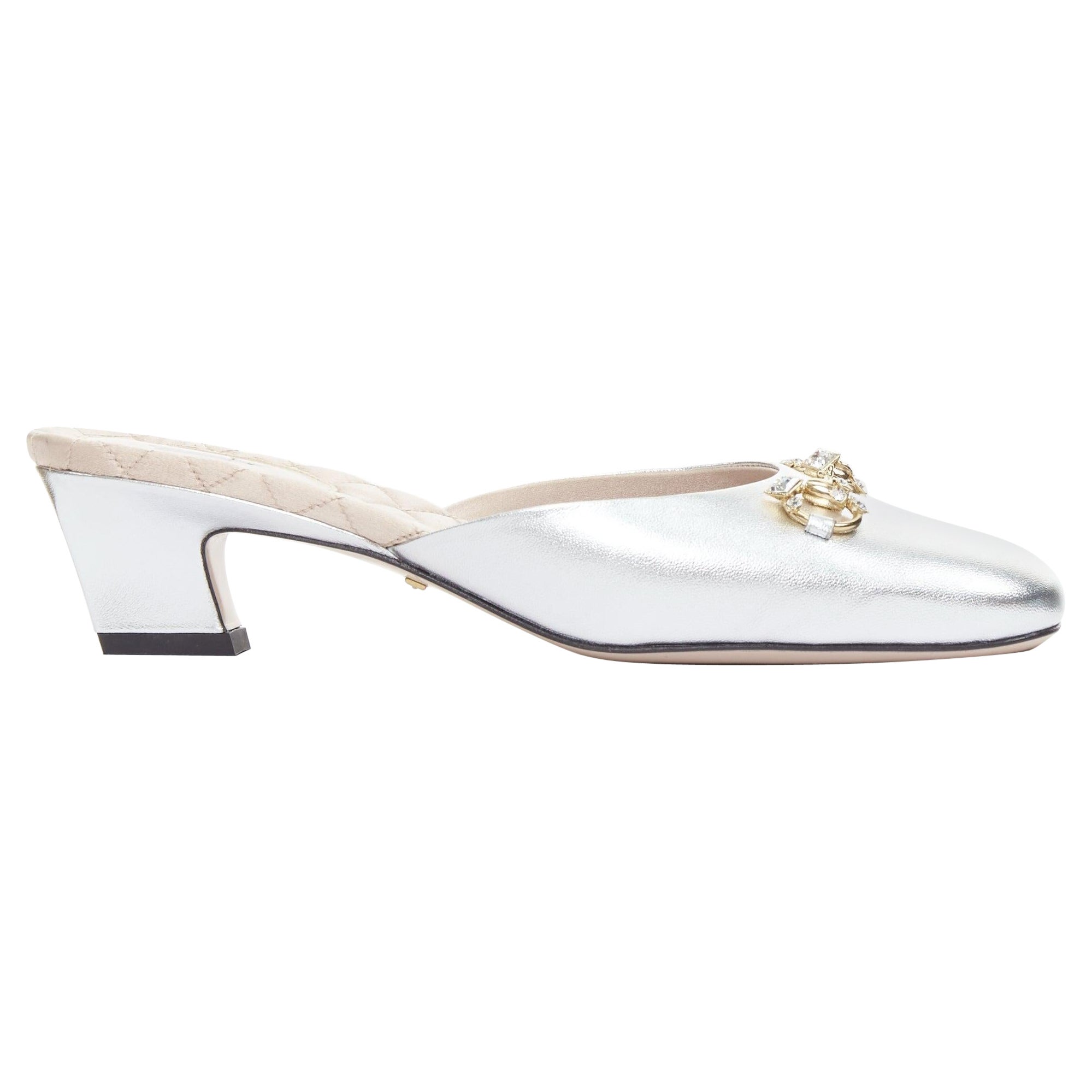 GUCCI plata cuero metálico oro cristal horsebit hebilla zapatilla tacones EU37 en venta