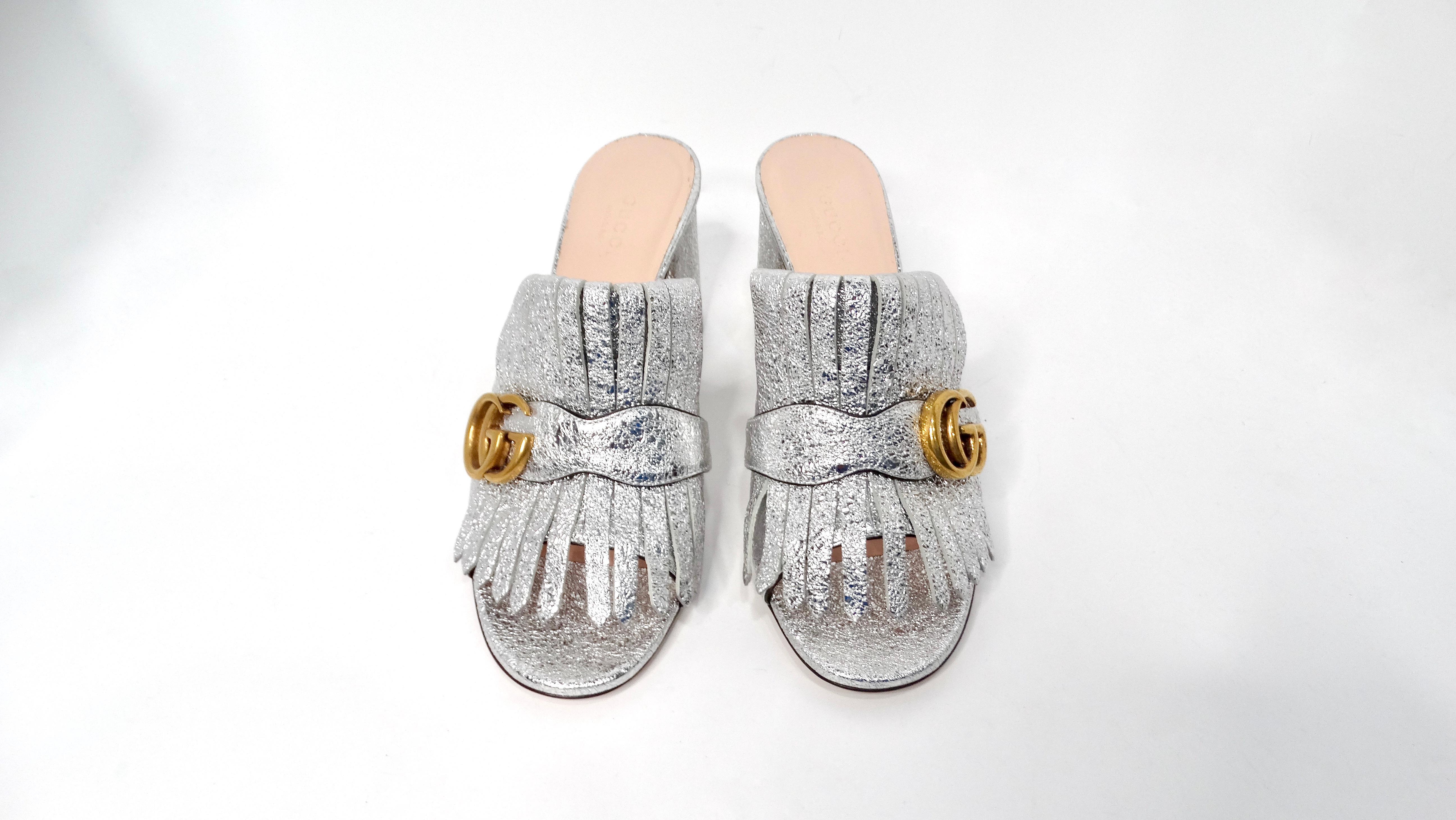Women's Gucci Silver Metallic Marmont Fringe Mule Sandals For Sale