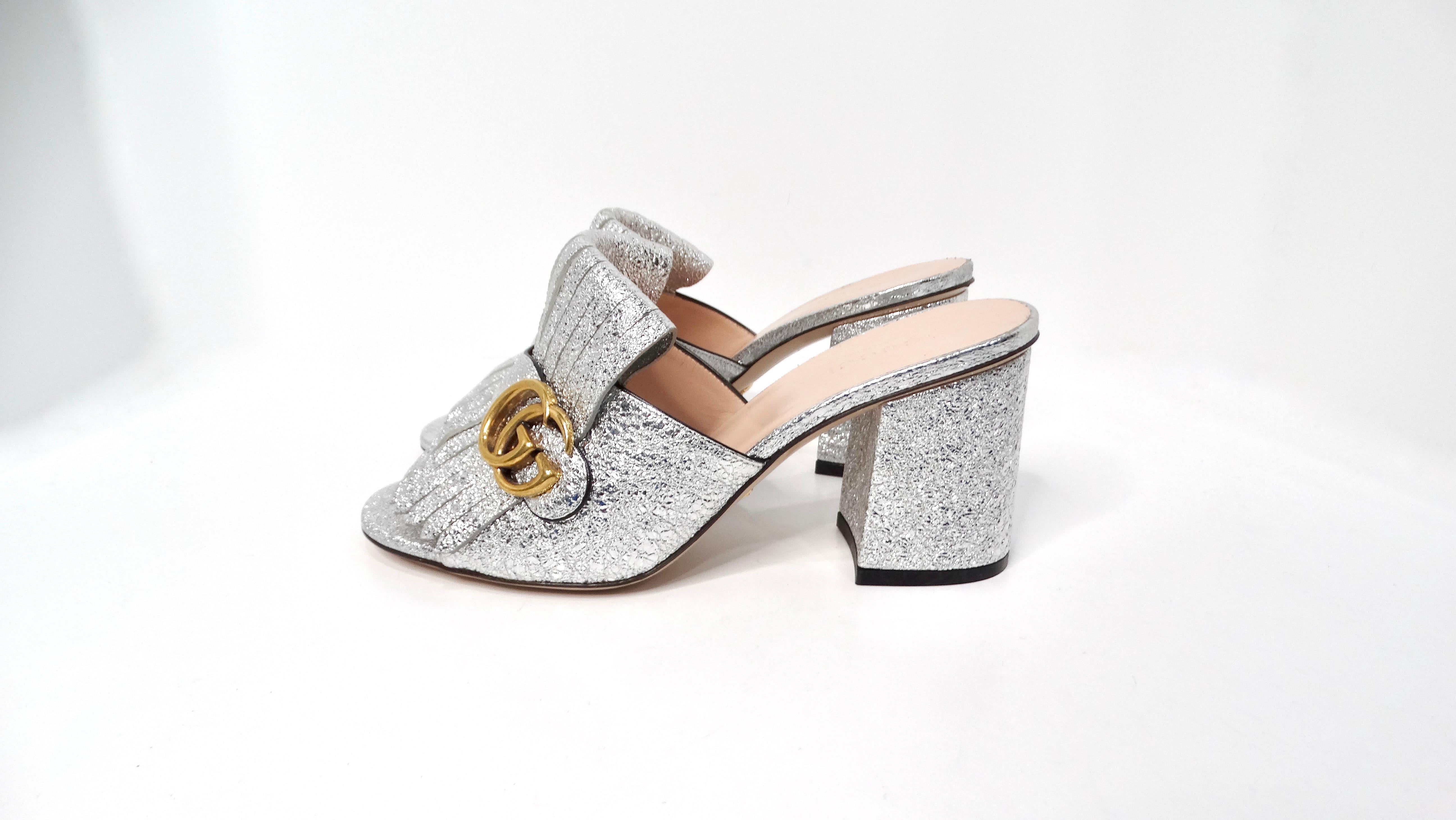 Gucci Silver Metallic Marmont Fringe Mule Sandals For Sale 1