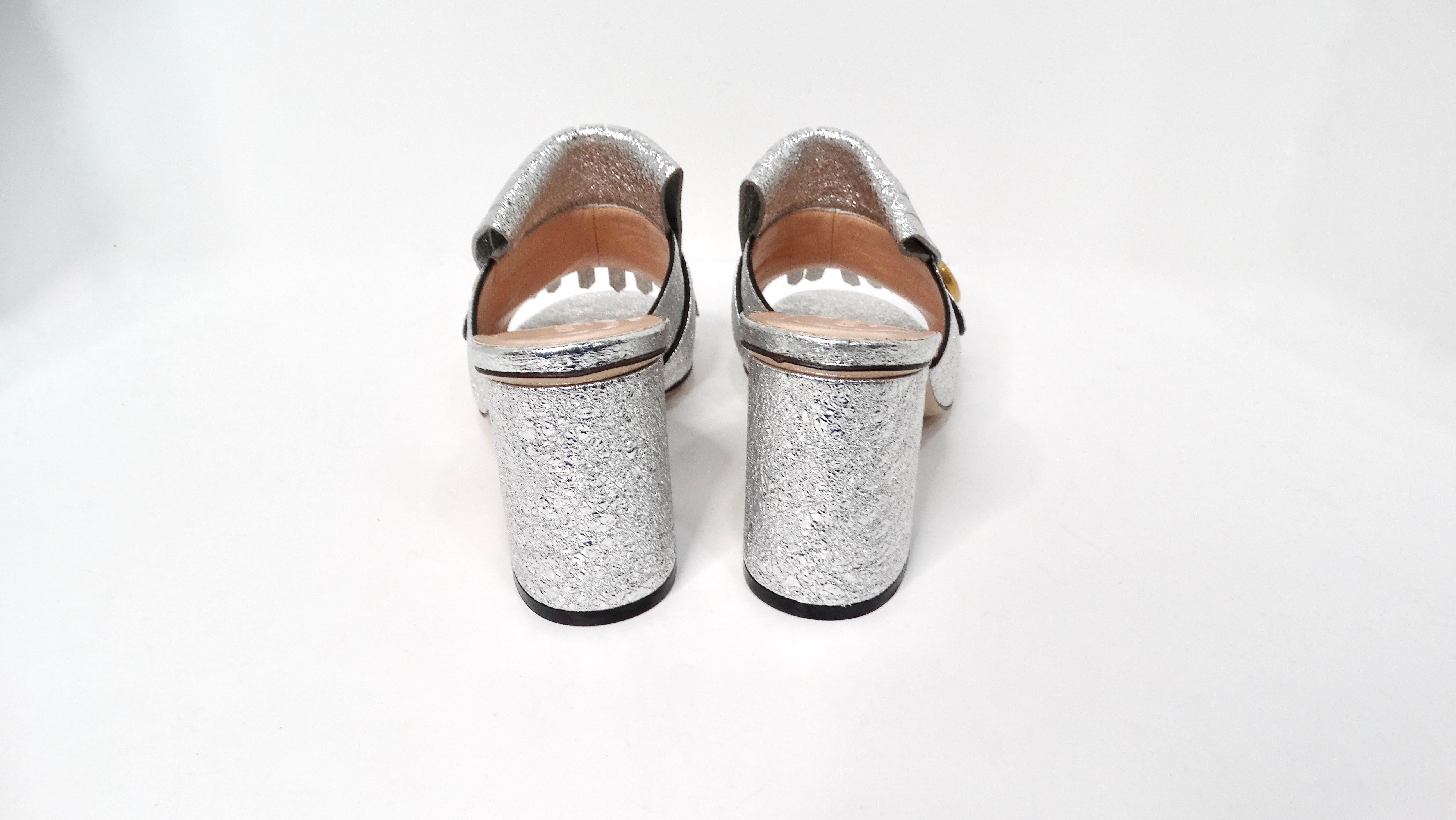Gucci Silver Metallic Marmont Fringe Mule Sandals For Sale 2