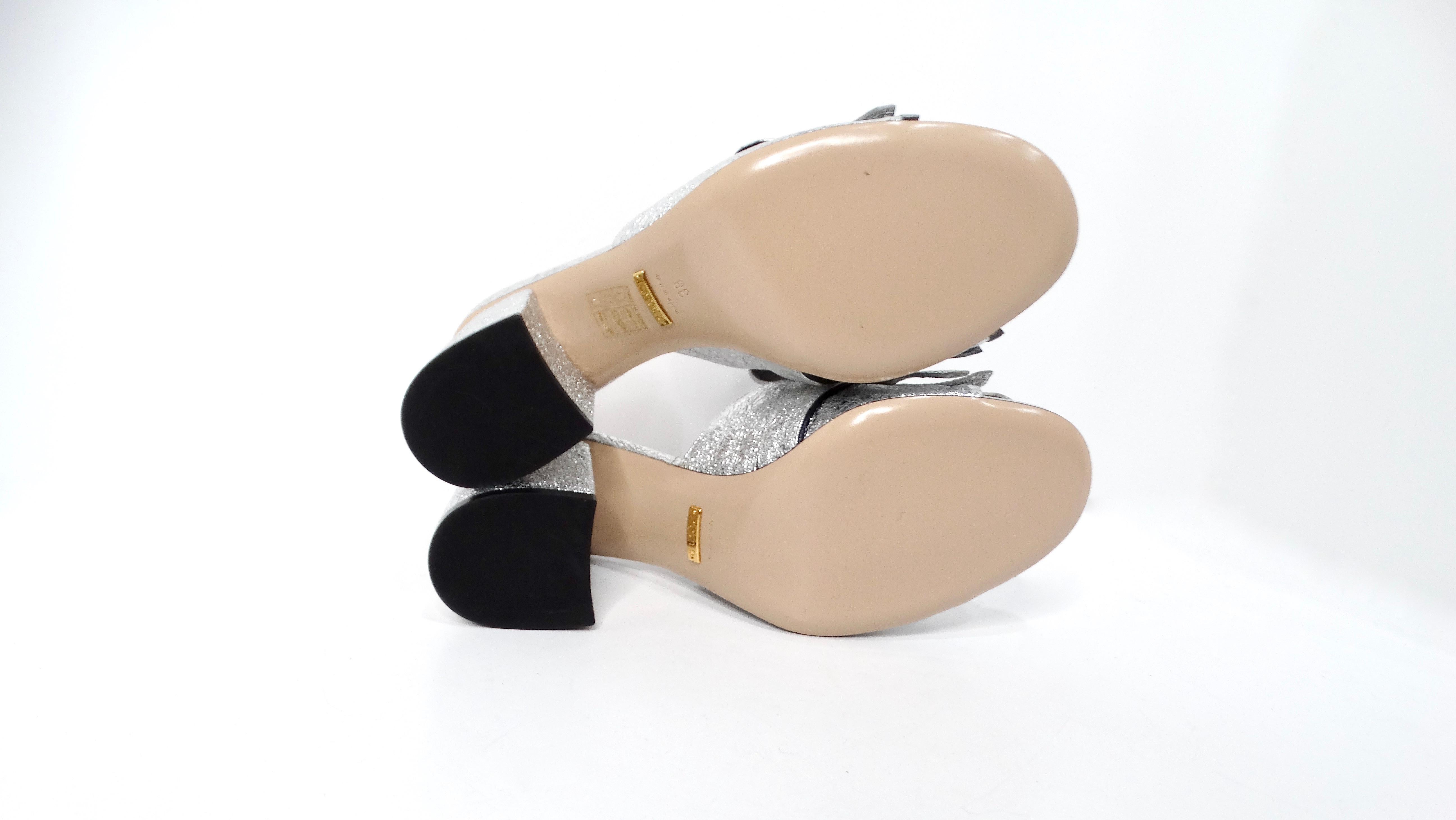 Gucci Silver Metallic Marmont Fringe Mule Sandals For Sale 4