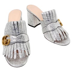 Gucci Silver Metallic Marmont Fringe Mule Sandals