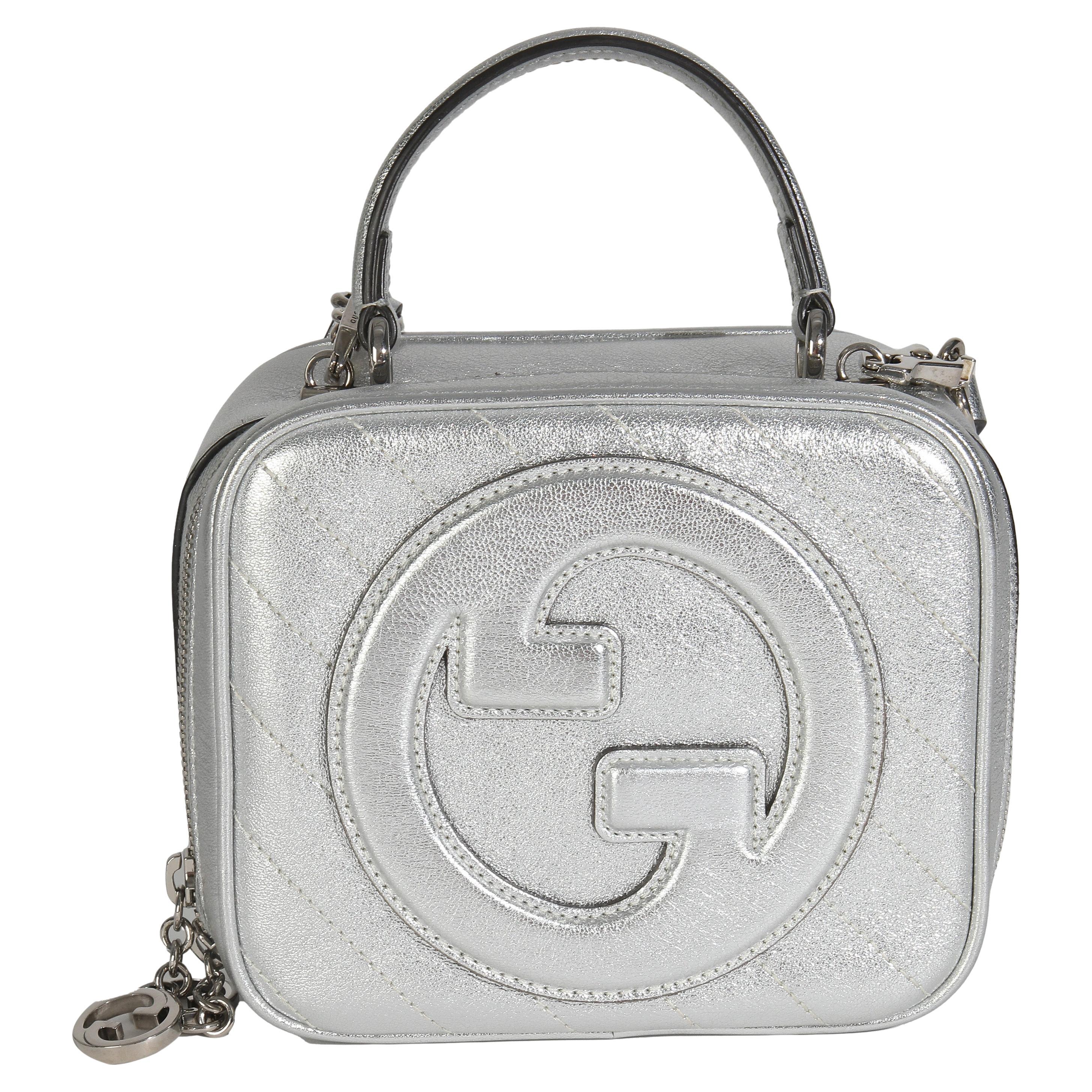 Gucci Silver Metallic Sakai Be Green Calfskin Diagonal Stitched Blondie Top Hand