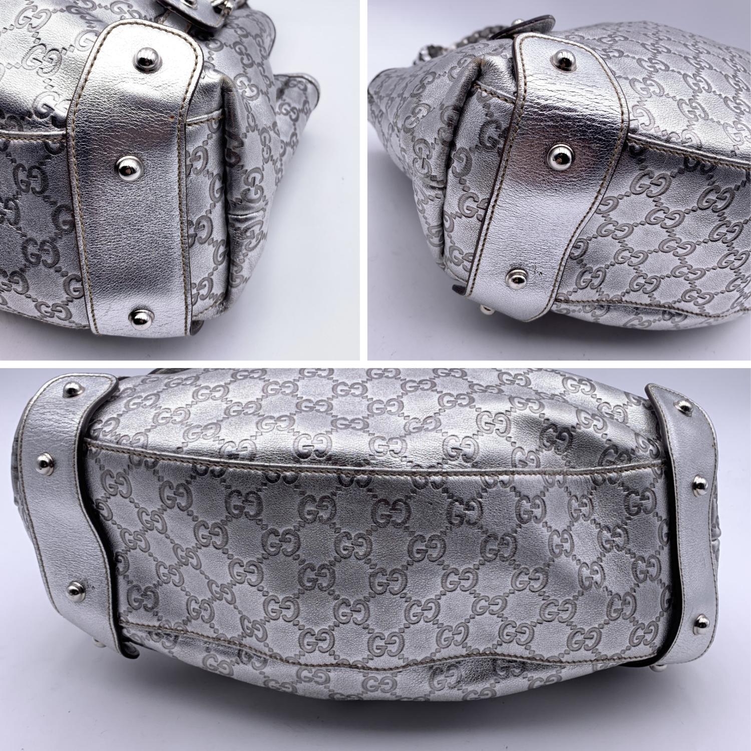 Women's Gucci Silver Monogram Leather Pelham Tote Bag with Horsebit Handbag