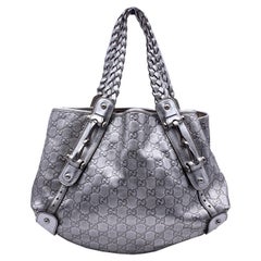 Gucci Silver Monogram Leather Pelham Tote Bag with Horsebit Handbag