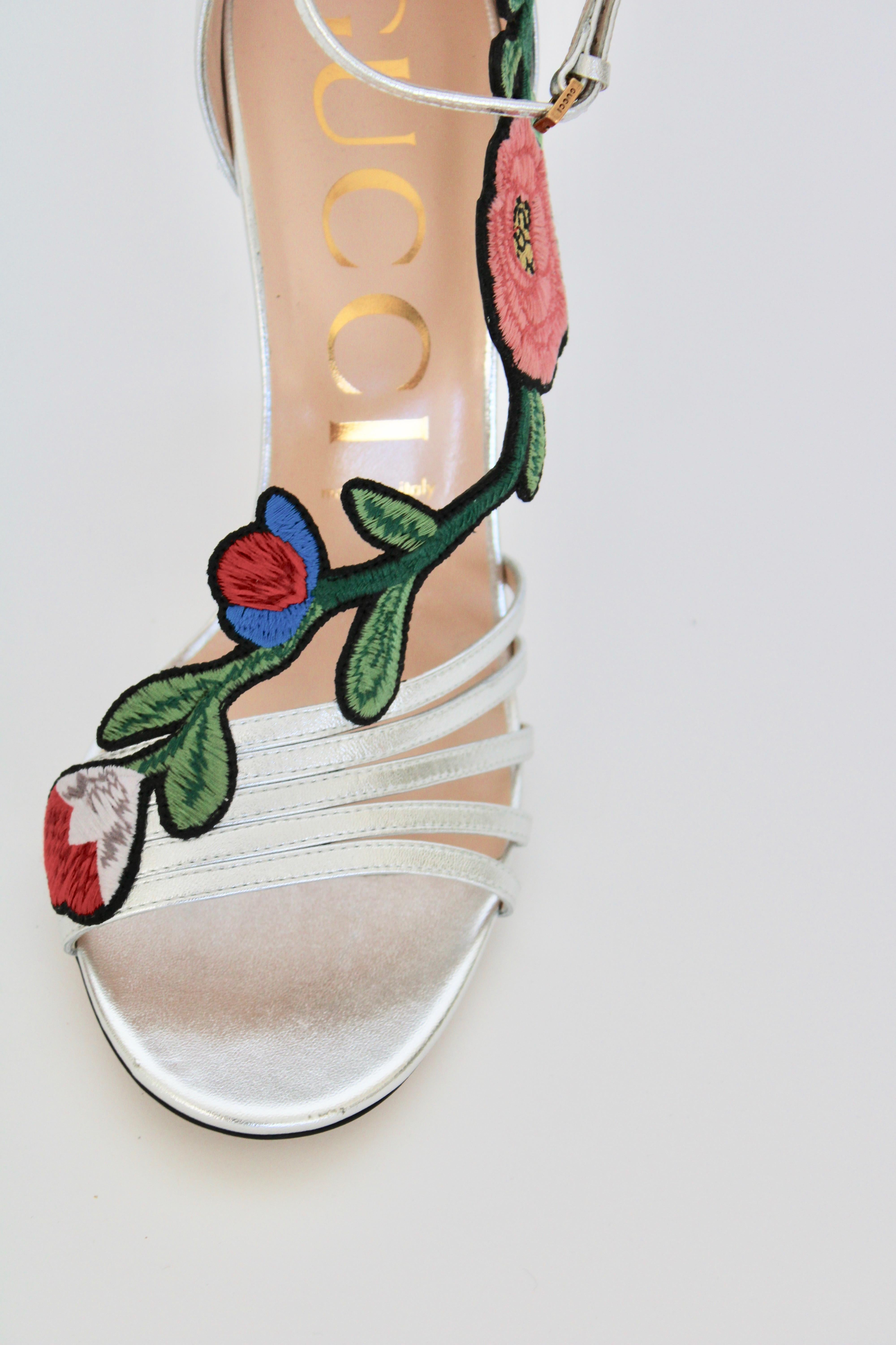 Brown Gucci  Silver Ophelia Floral Embroidered Sandals For Sale