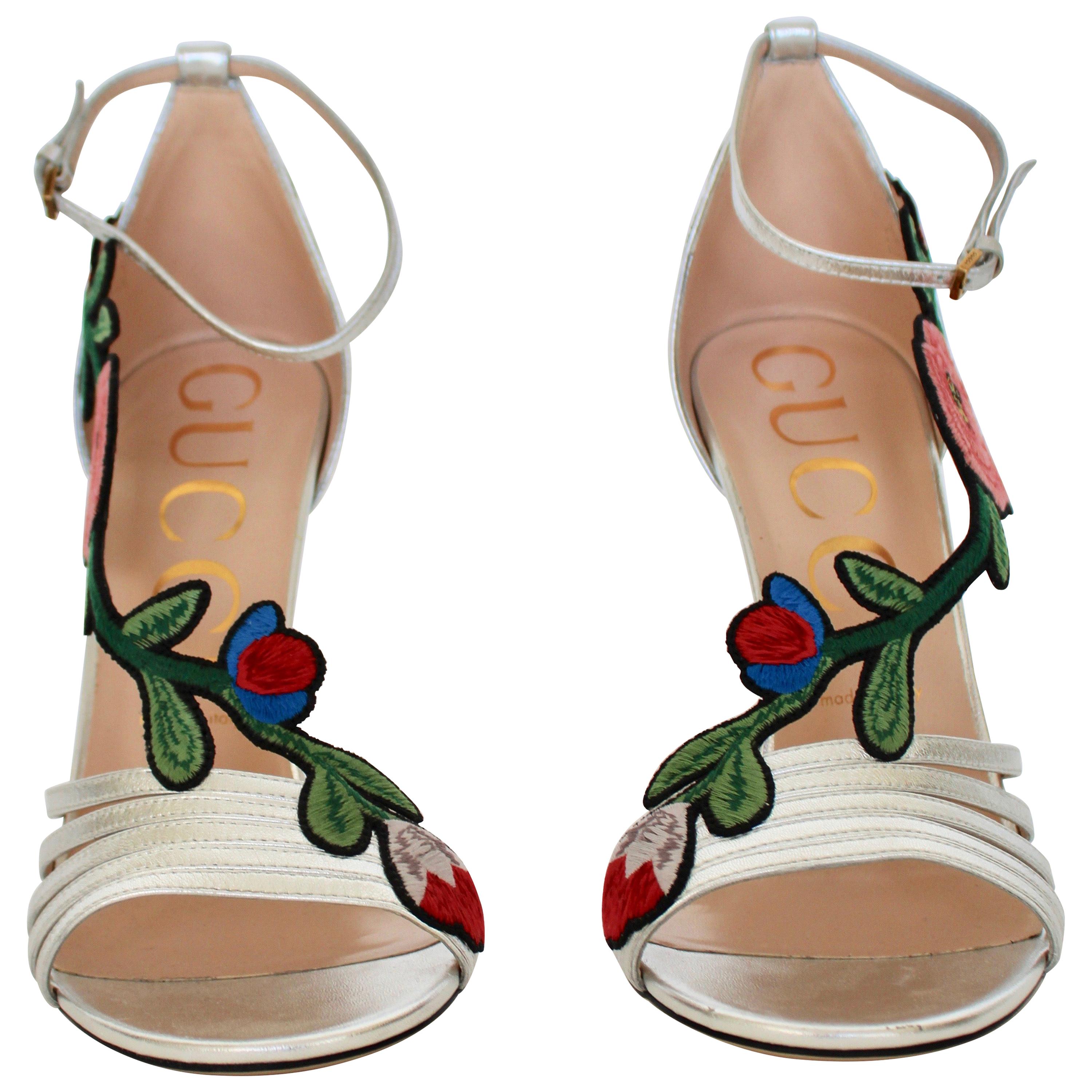 Gucci  Silver Ophelia Floral Embroidered Sandals For Sale