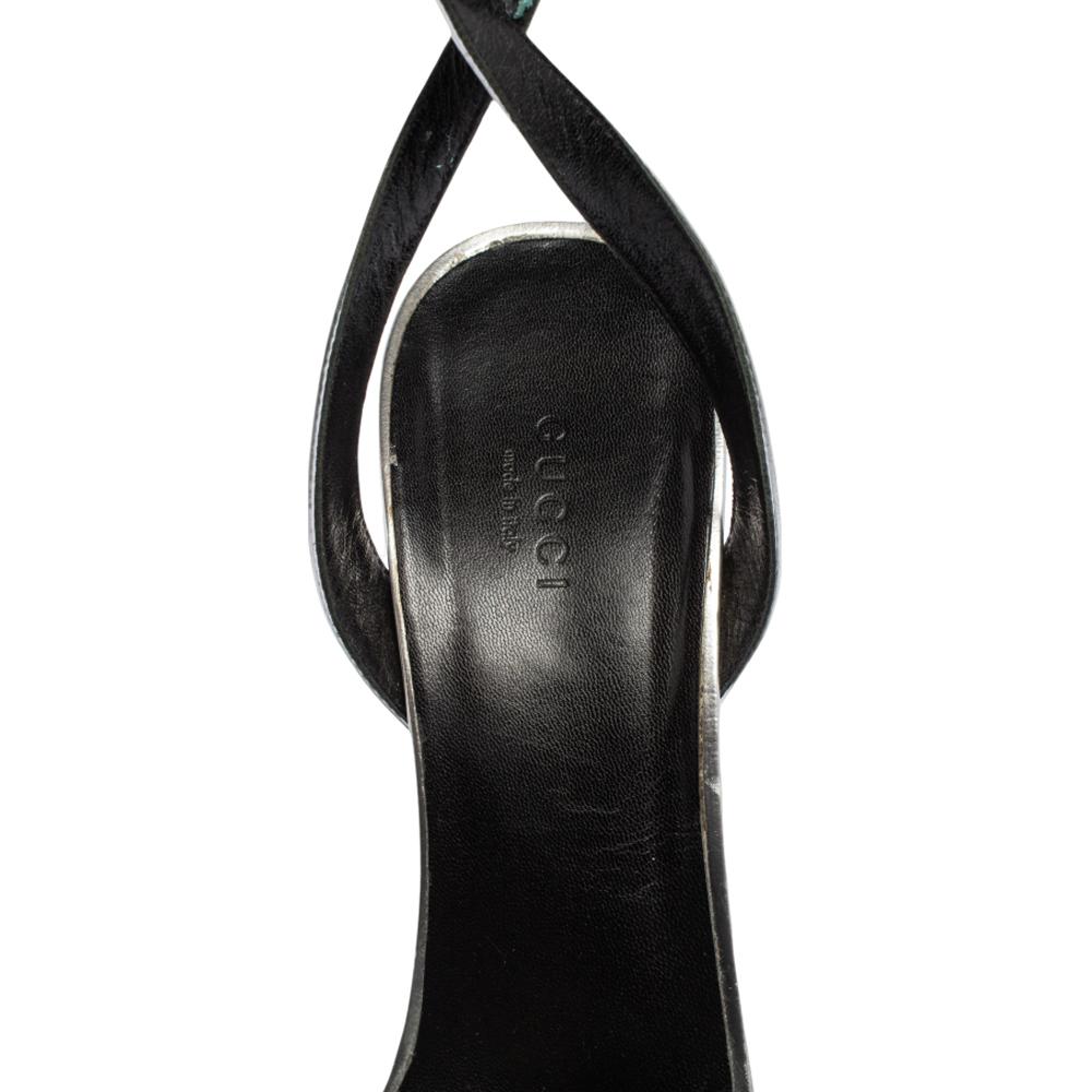 Women's Gucci Silver Patent Leather Platform Ankle Strap Sandals Size 40