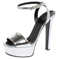 Gucci Silver Patent Leather Platform Ankle Strap Sandals Size 40