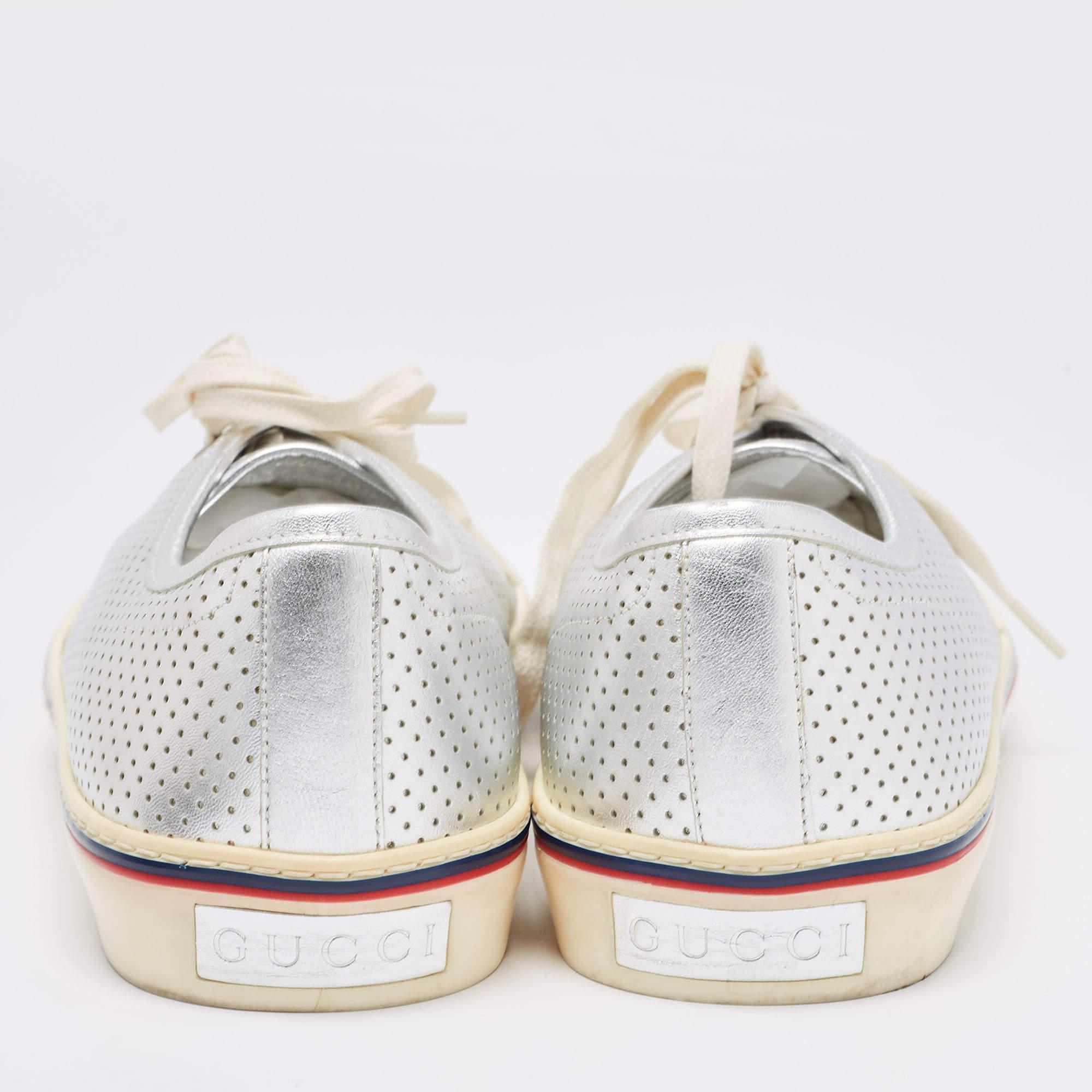 Gucci Silver Perforated Leather Low Top Sneakers Size 44.5 For Sale 2