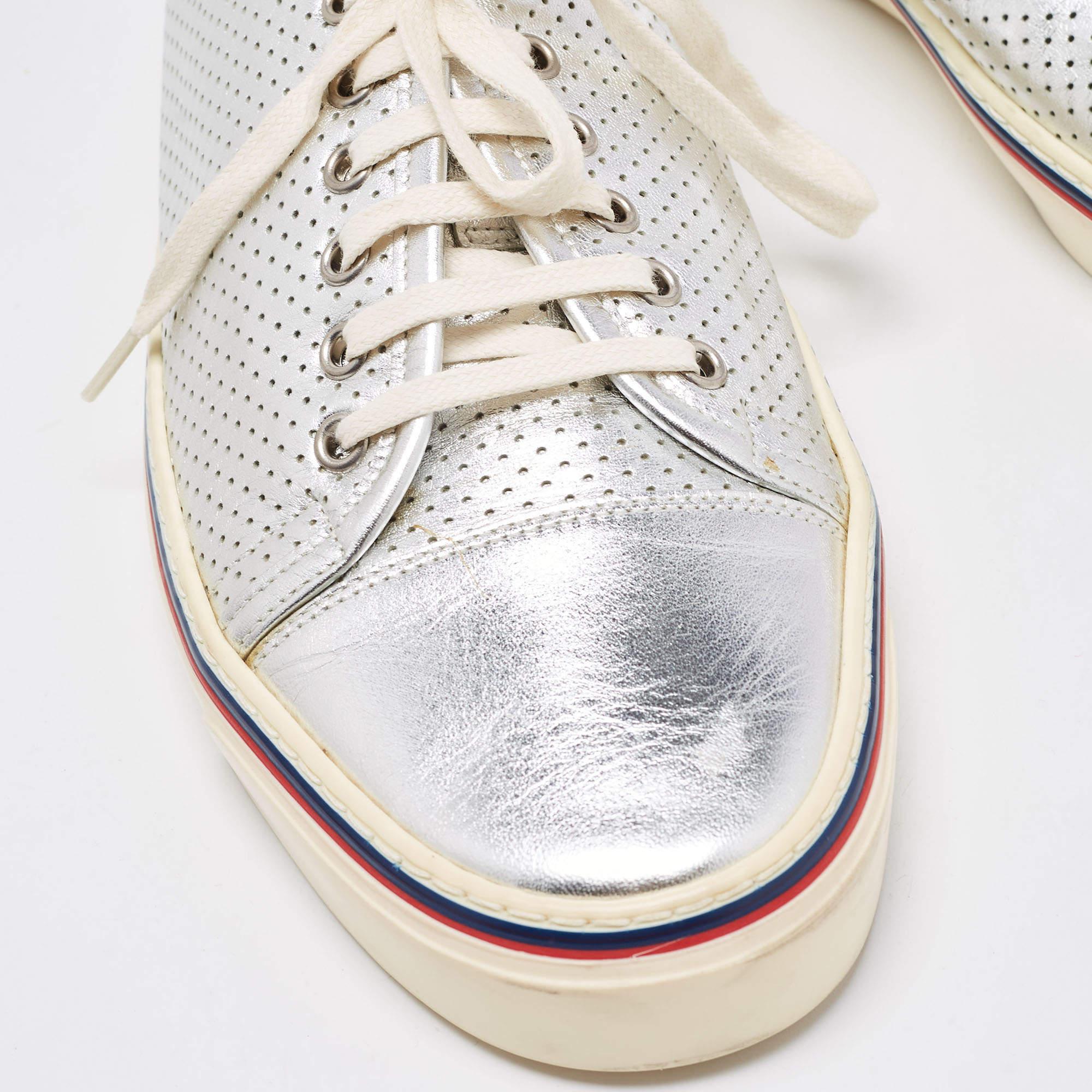 Gucci Silver Perforated Leather Low Top Sneakers Size 44.5 For Sale 3