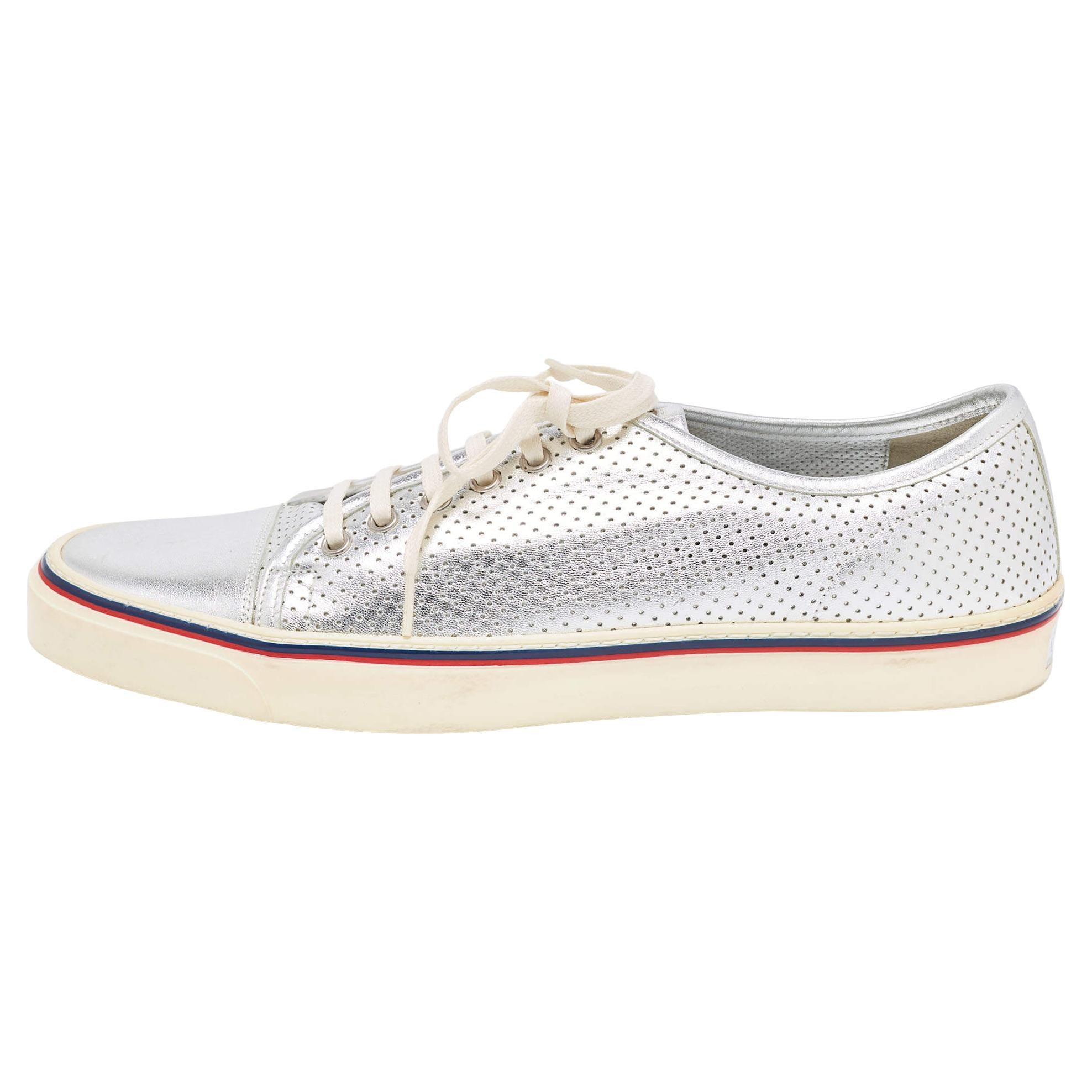 Gucci Silver Perforated Leather Low Top Sneakers Size 44.5 For Sale