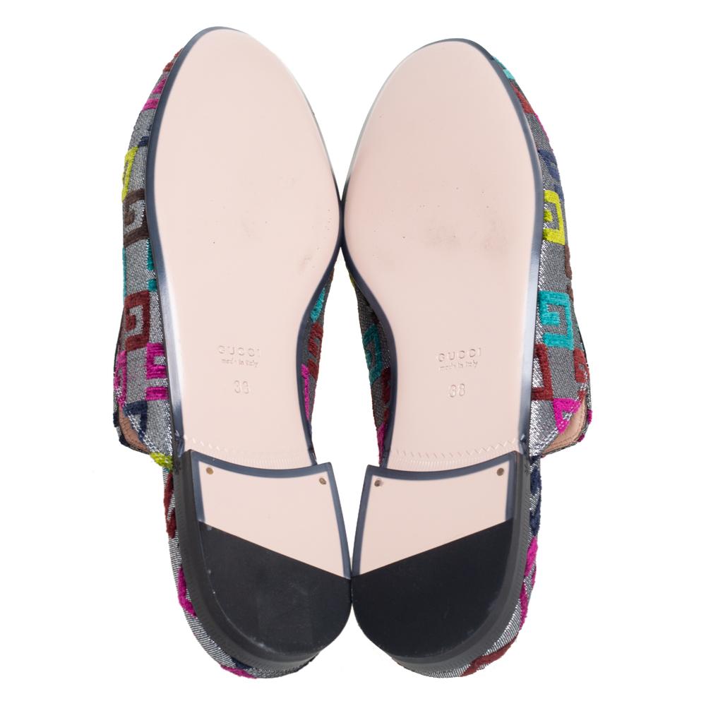 Gucci Silver/Pink Lurex Fabric Embroidered G Princetown Mule Flats Size 38 2