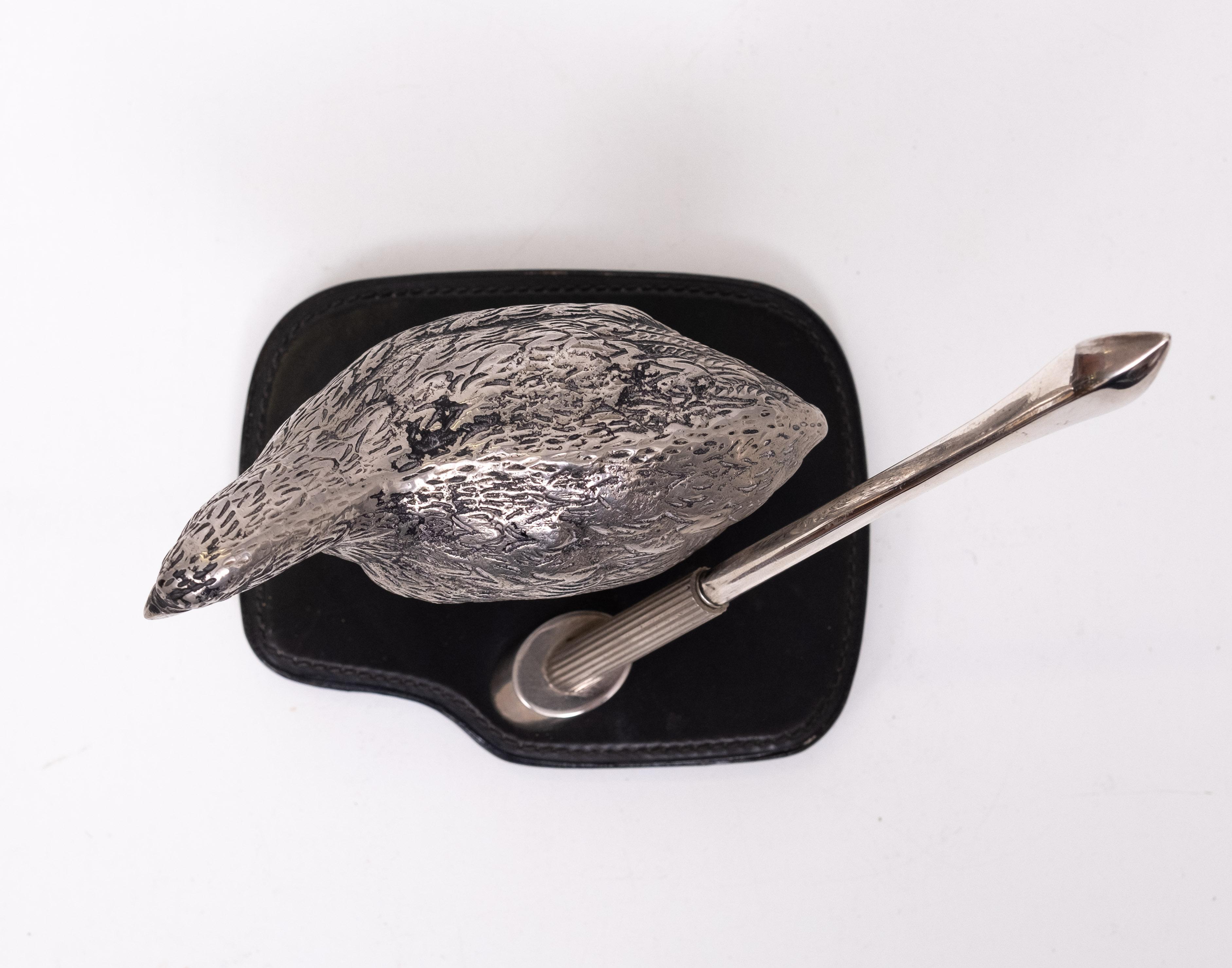 Leather Gucci Silver plate Quail Penholder  1970s Italy For Sale