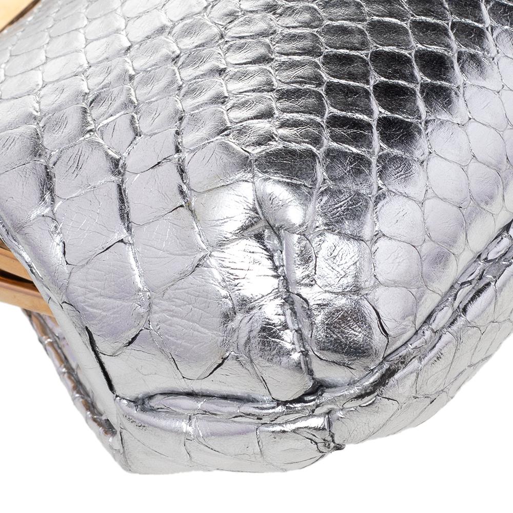 Gucci Silver Python Embossed Leather Crystal Dragon Chain Clutch 3