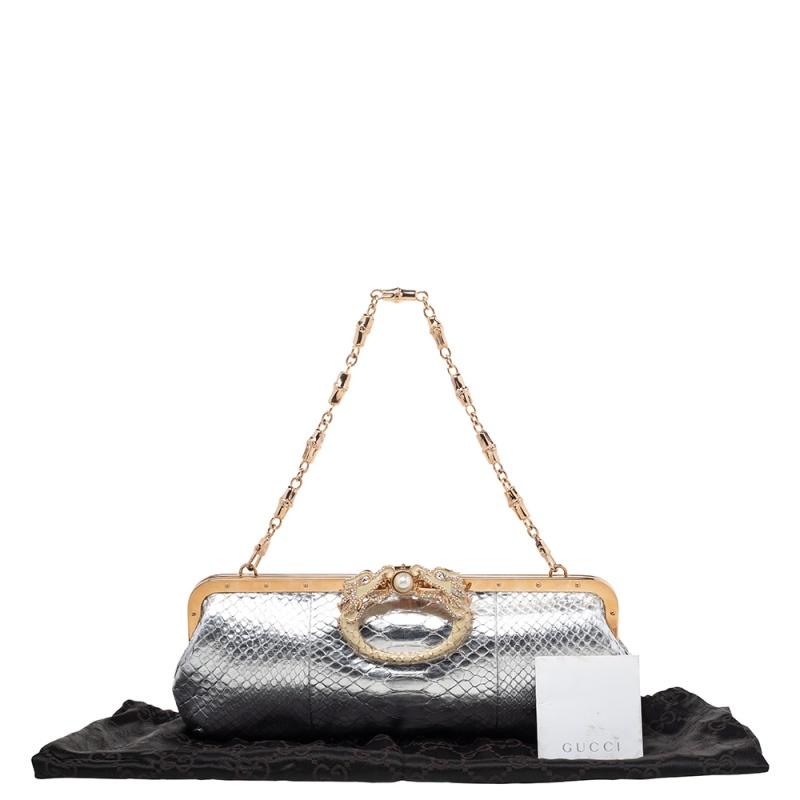 Gucci Silver Python Embossed Leather Crystal Dragon Chain Clutch 5