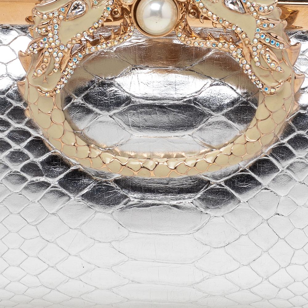 Gucci Silver Python Embossed Leather Crystal Dragon Chain Clutch 2