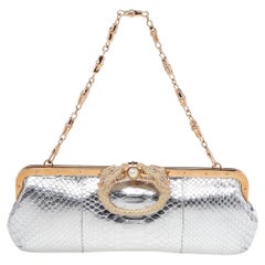 Gucci Silver Python Embossed Leather Crystal Dragon Chain Clutch