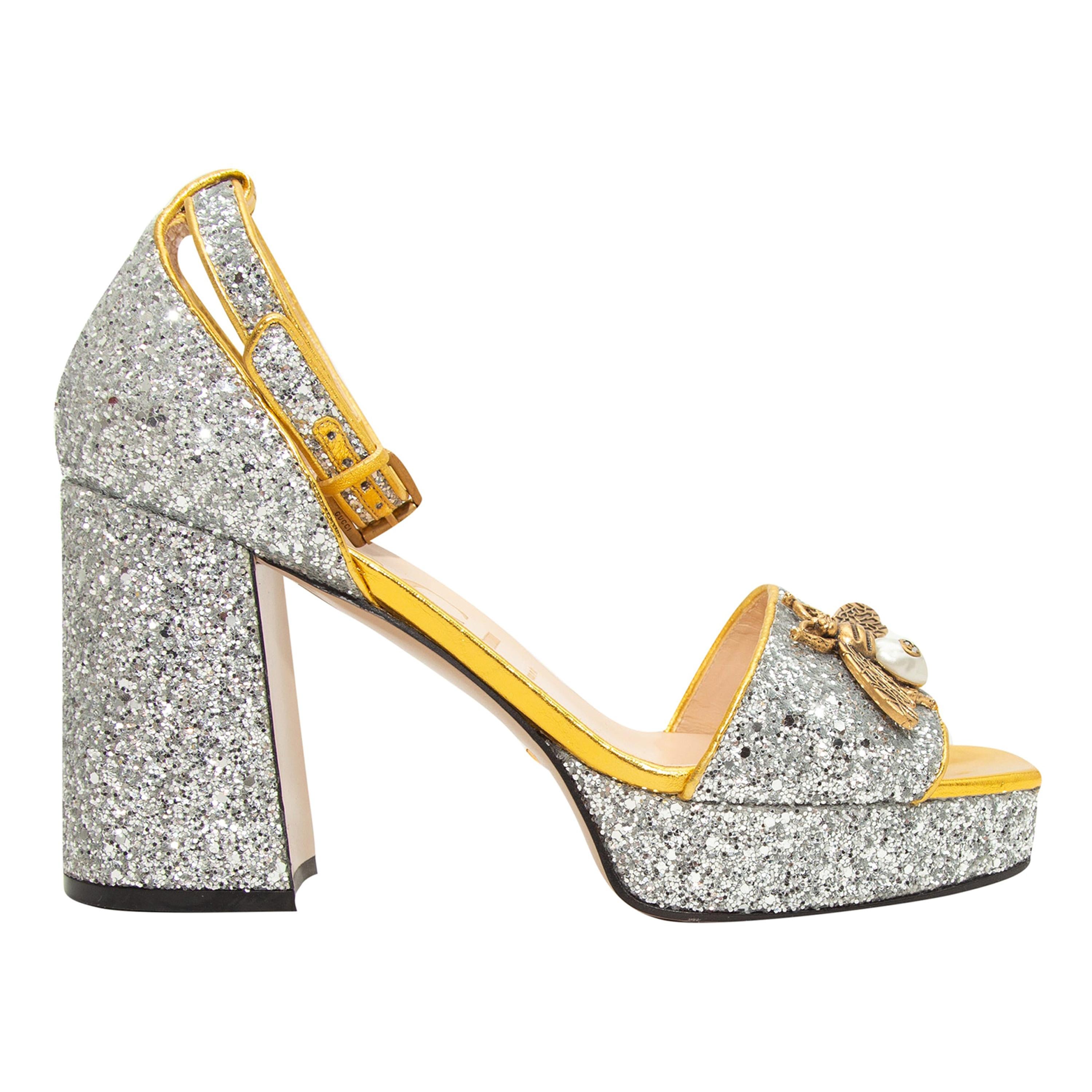Gucci Silver Soko Glitter Platform Sandals