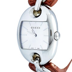 Gucci Silver Stainless Steel Marina Chain Leather YA121309 Women's Wristwatch 32