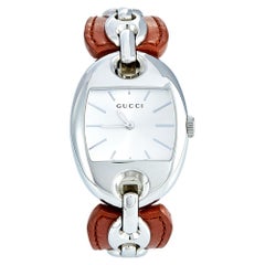 Gucci Silver Stainless Steel Marina Chain Leather YA121309 Women's Wristwatch 32