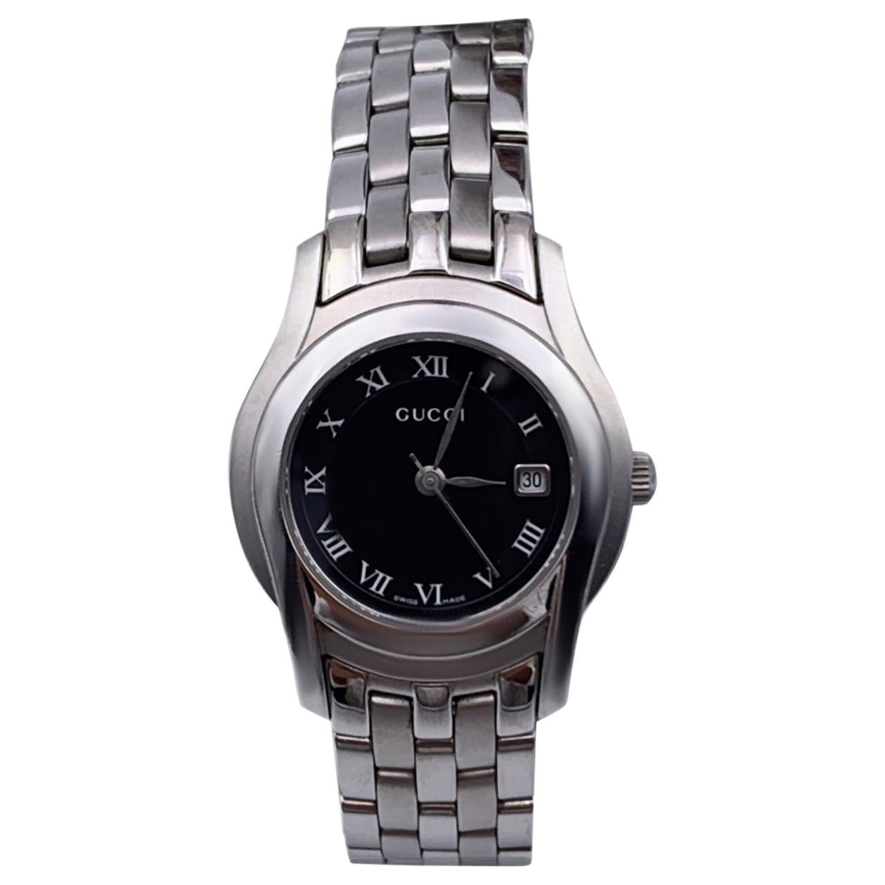 Gucci Silver Stainless Steel Mod 5500 L Wrist Watch Black Dial