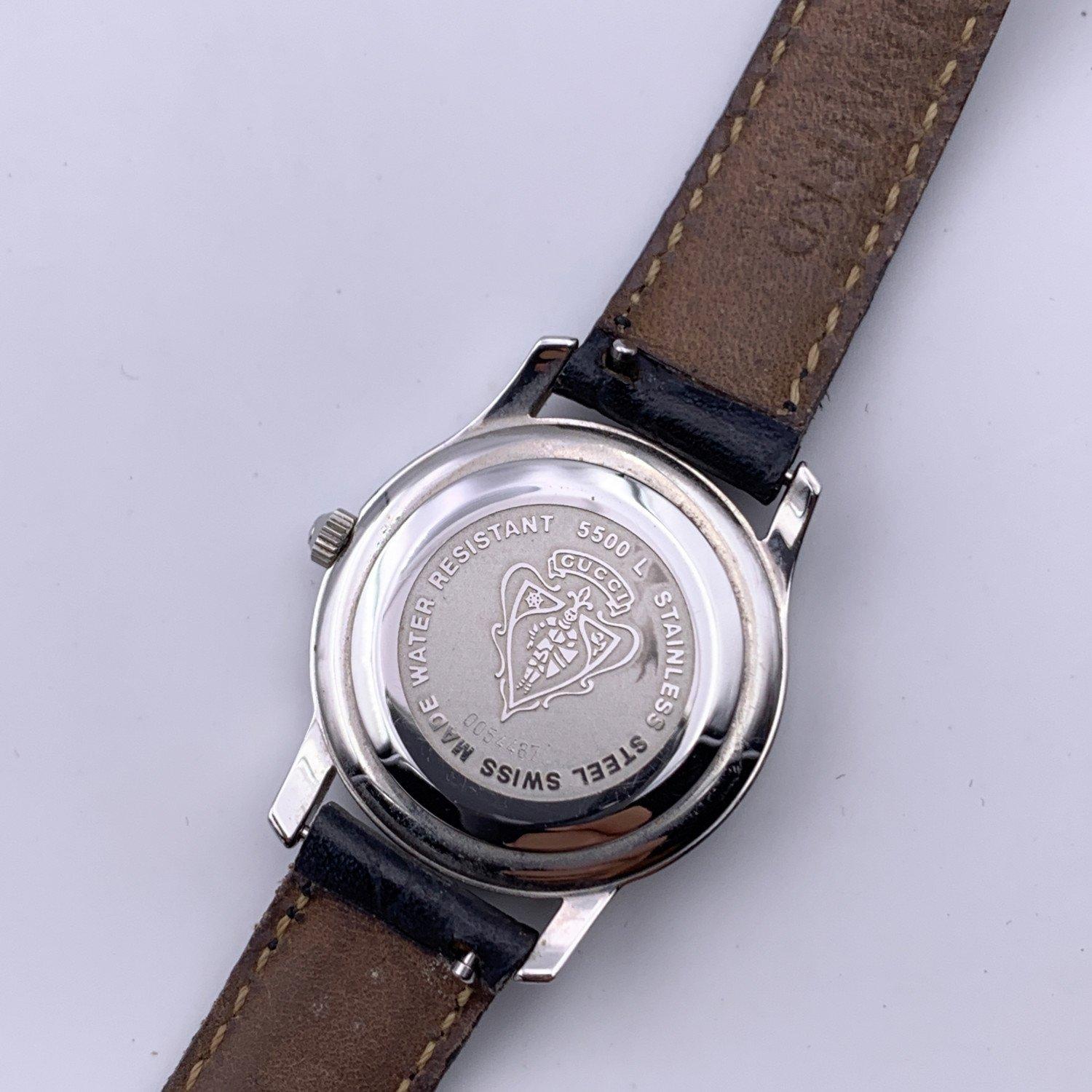 Gucci Silver Stainless Steel Mod 5500 L Wrist Watch Leather Strap 1