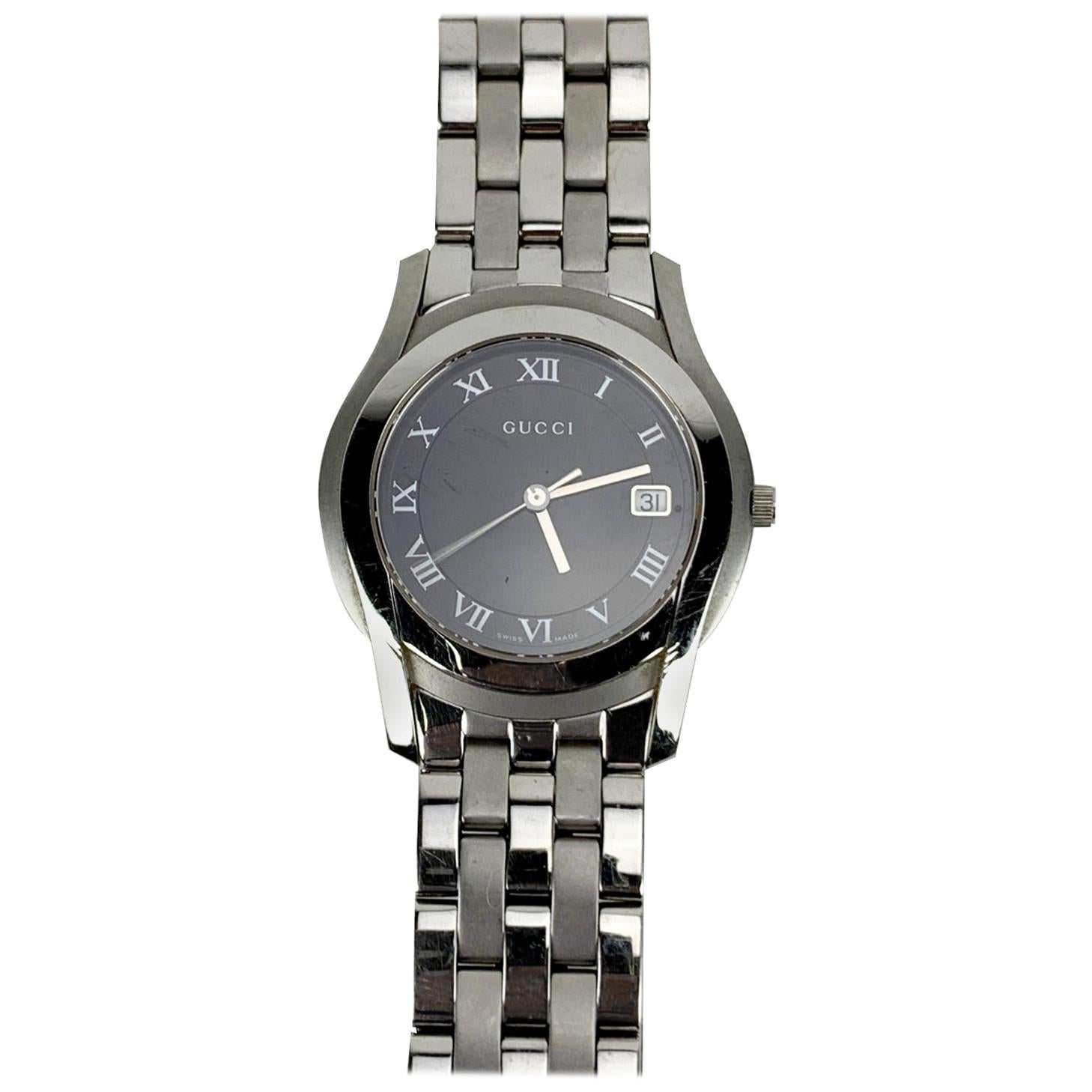 Gucci Silver Stainless Steel Mod 5500 M Wrist Watch Black Dial