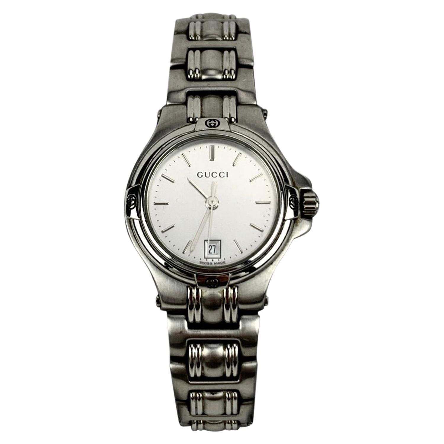 Gucci Silver Stainless Steel Mod 9040 L Wrist Watch Silver Dial