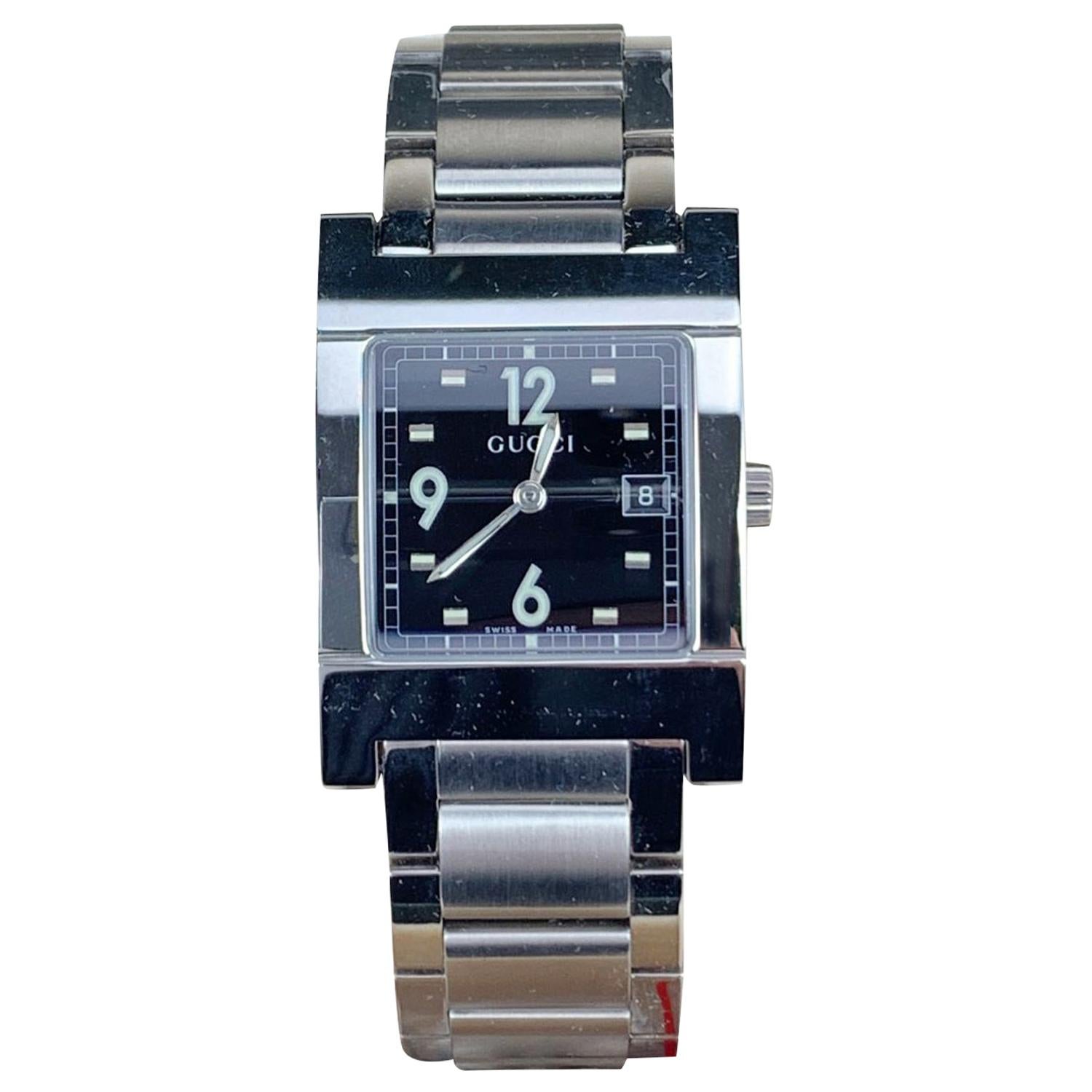 Gucci Silver Stainless Steel Wrist Watch Mod 7700 M Black Dial