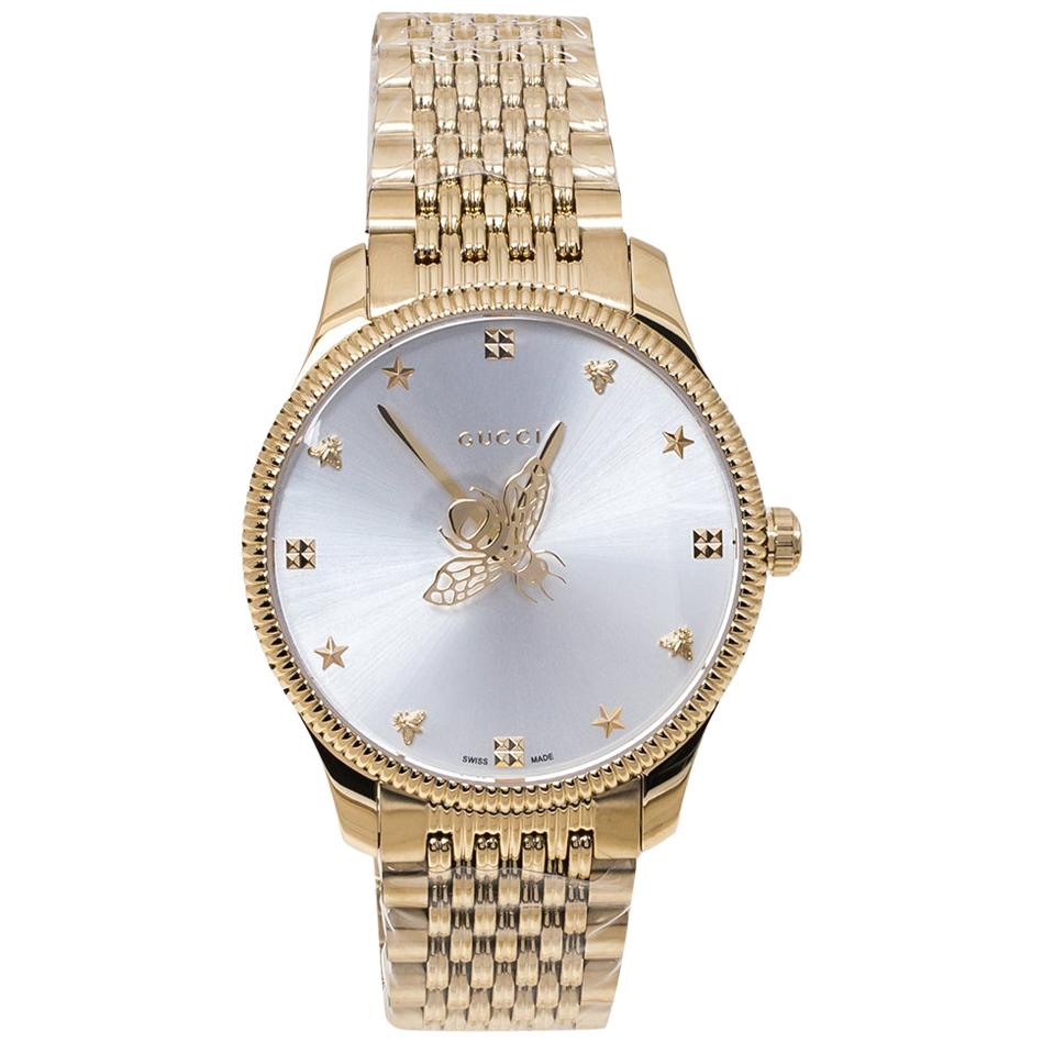 Gucci Silver Sunburst Yellow Gold PVD Coated Stainless Women's Wristwatch 38 mm