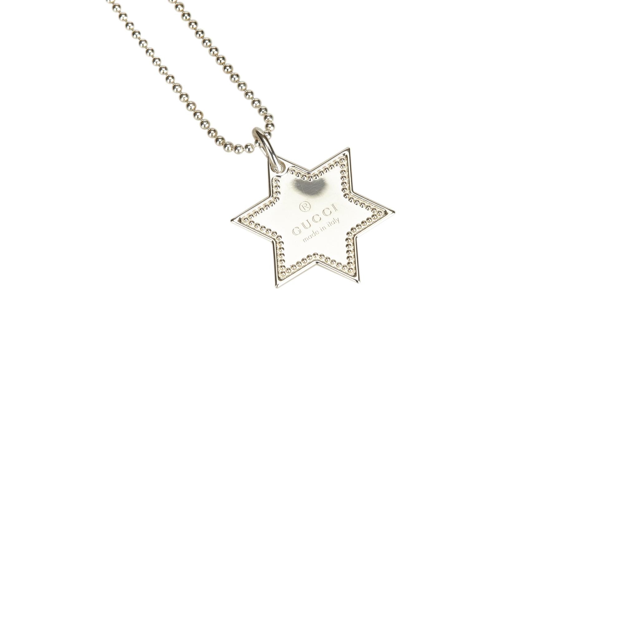 This necklace features a star-shaped dog tag pendant, silver-toned bead neck chain, and a lobster claw closure. It carries as AB condition rating.

Inclusions: 
Dust Bag
 Sterling Silver
Country of Origin: Italy

Order Processing Time: Please allow