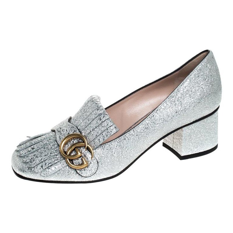 Gucci Silver Textured Leather GG Marmont Block Heel Pumps Size 38 For