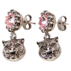 GUCCI Silberfarbene FELINE HEAD & CRYSTAL Ohrhänger in Silber