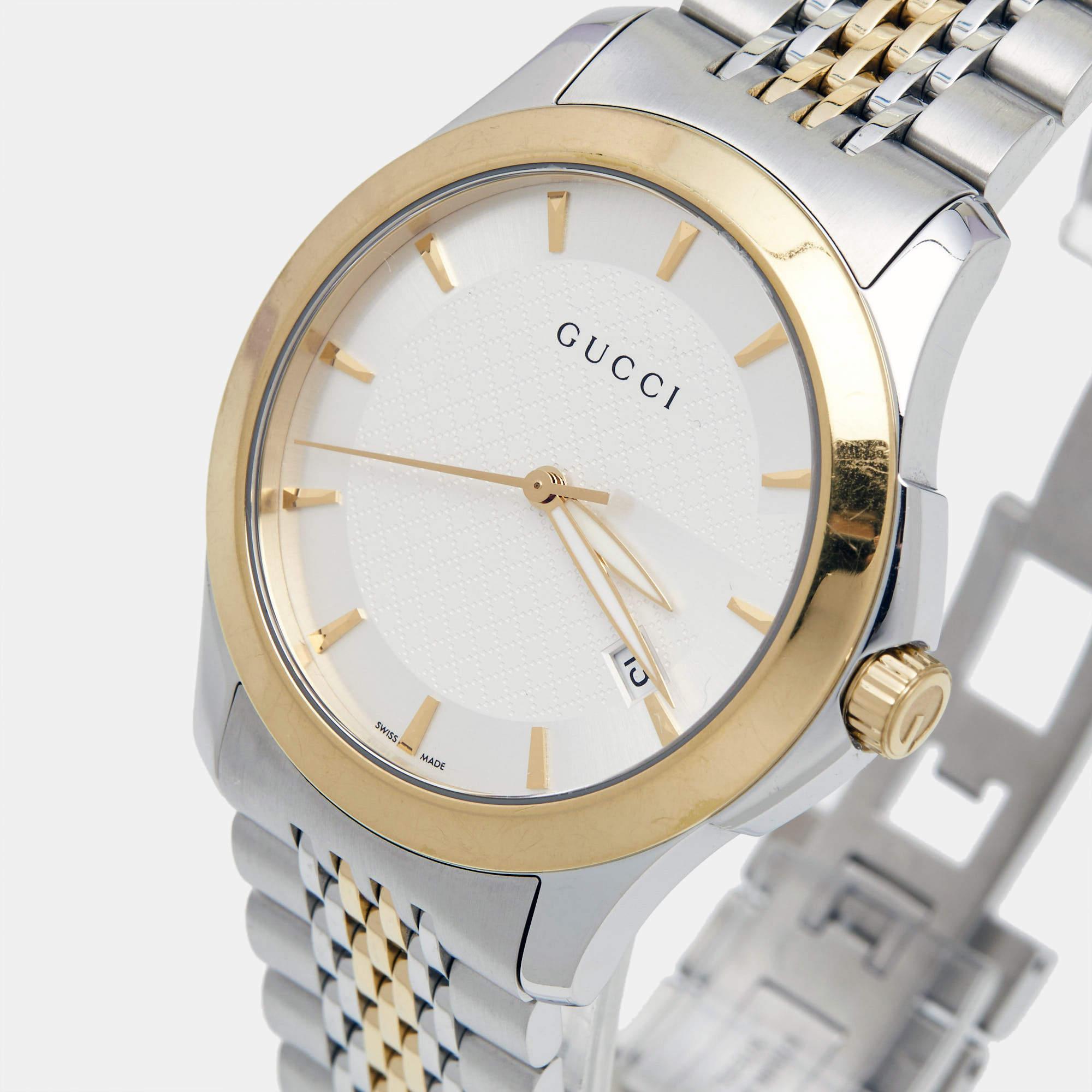 Gucci Silber Zweifarbig Edelstahl G-Timeless Unisex-Armbanduhr 38 mm im Angebot 3